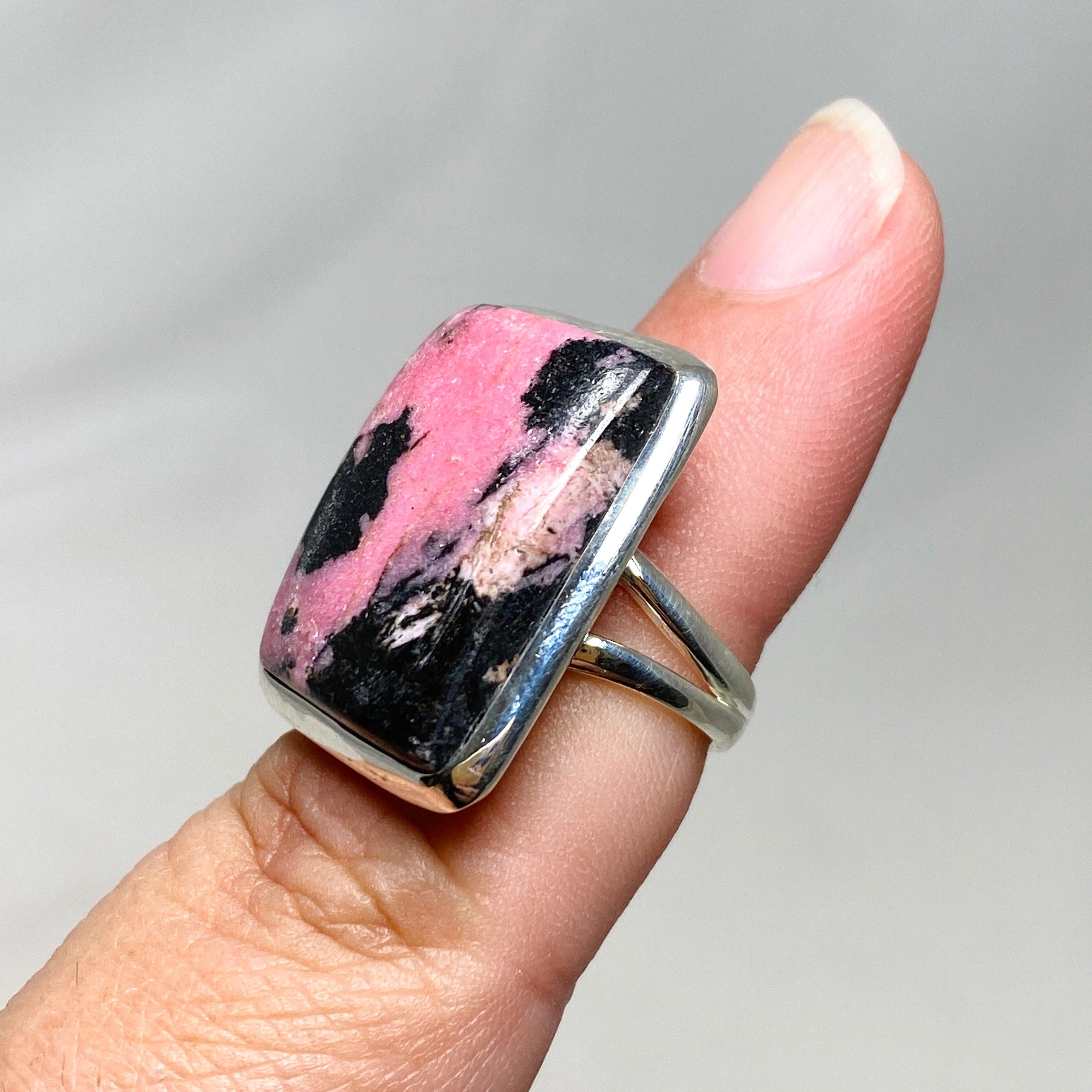 Rhodonite Rectangle Split Band Ring for Women - Size 6 Sterling Silver Healing Stone Jewelry KRGJ3211 | Gift for Her, Meditation, Energy Balancing