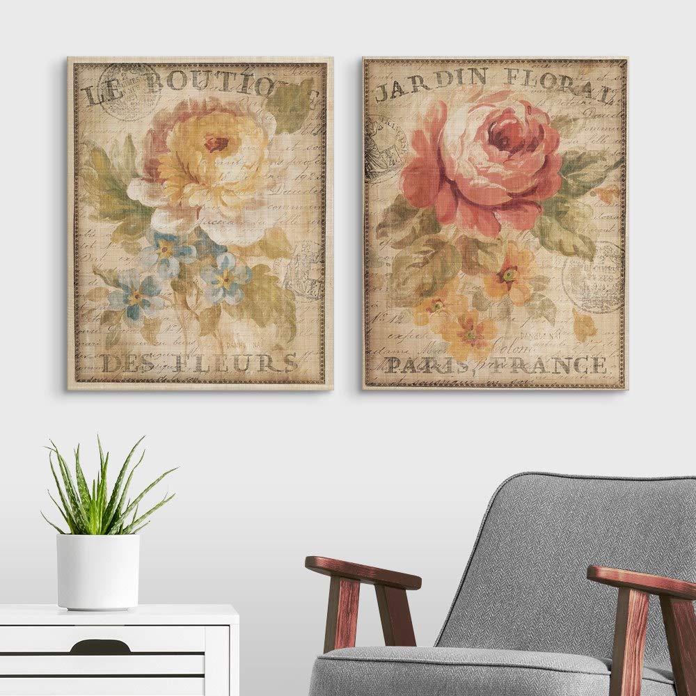 Parisian Flowers Canvas Wall Art Print Set - 2-Piece Pink Floral Artwork with Beige Typography, Home Décor for Living Room & Bedroom | CANVAS ON DEMAND