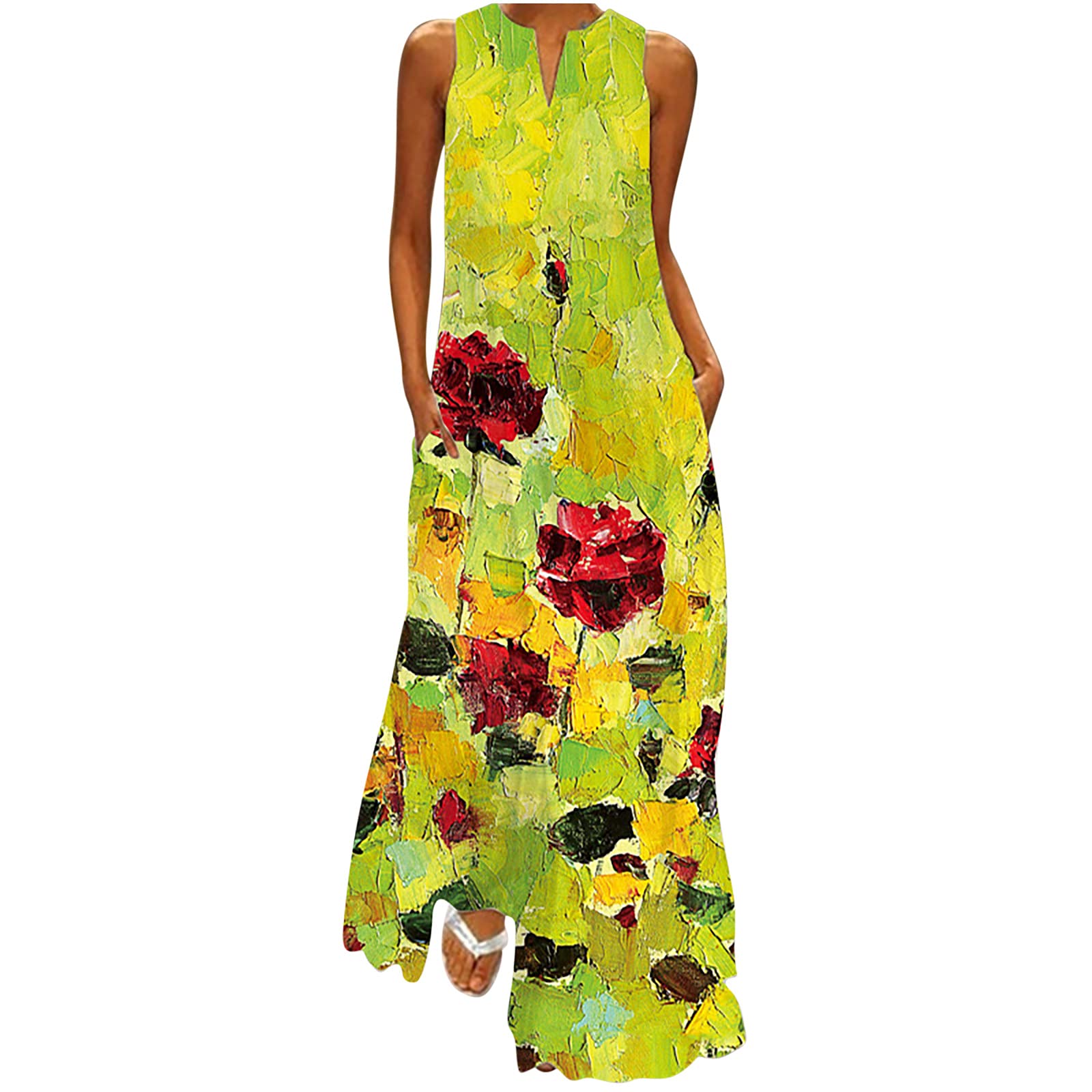 Vintage Floral Print Maxi Dress for Women - Summer Sleeveless Long Dress with Pockets | Casual Beach Wear, Vacation Outfit, Boho Chic Style