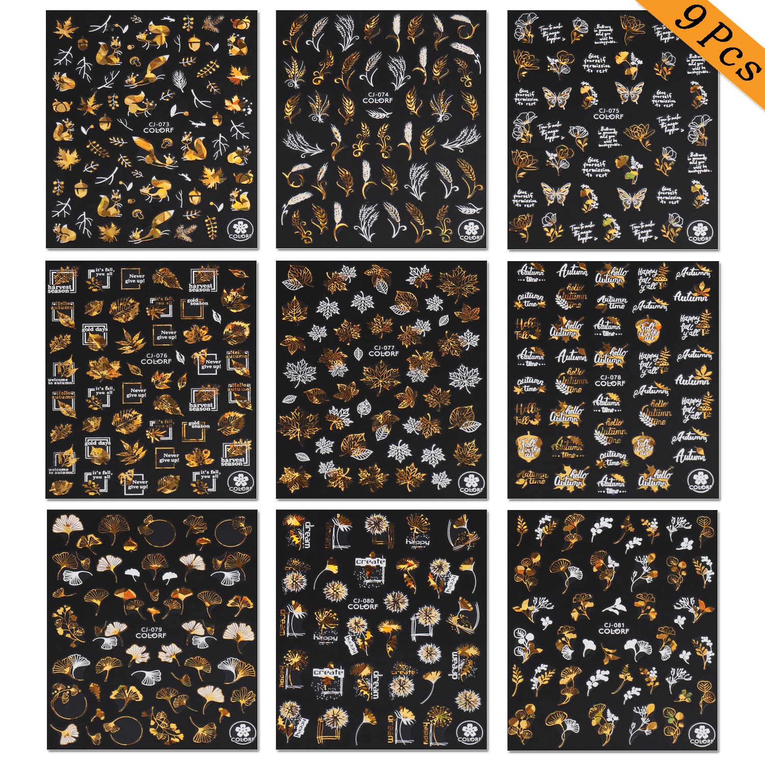 Fall Nail Art Stickers - 9 Sheets Autumn Maple Leaves & Butterfly 3D Nail Decals for Thanksgiving | Gold & White Acrylic Nail Designs | Perfect for Women's Seasonal Nail Art, Holiday Parties & DIY Manicures