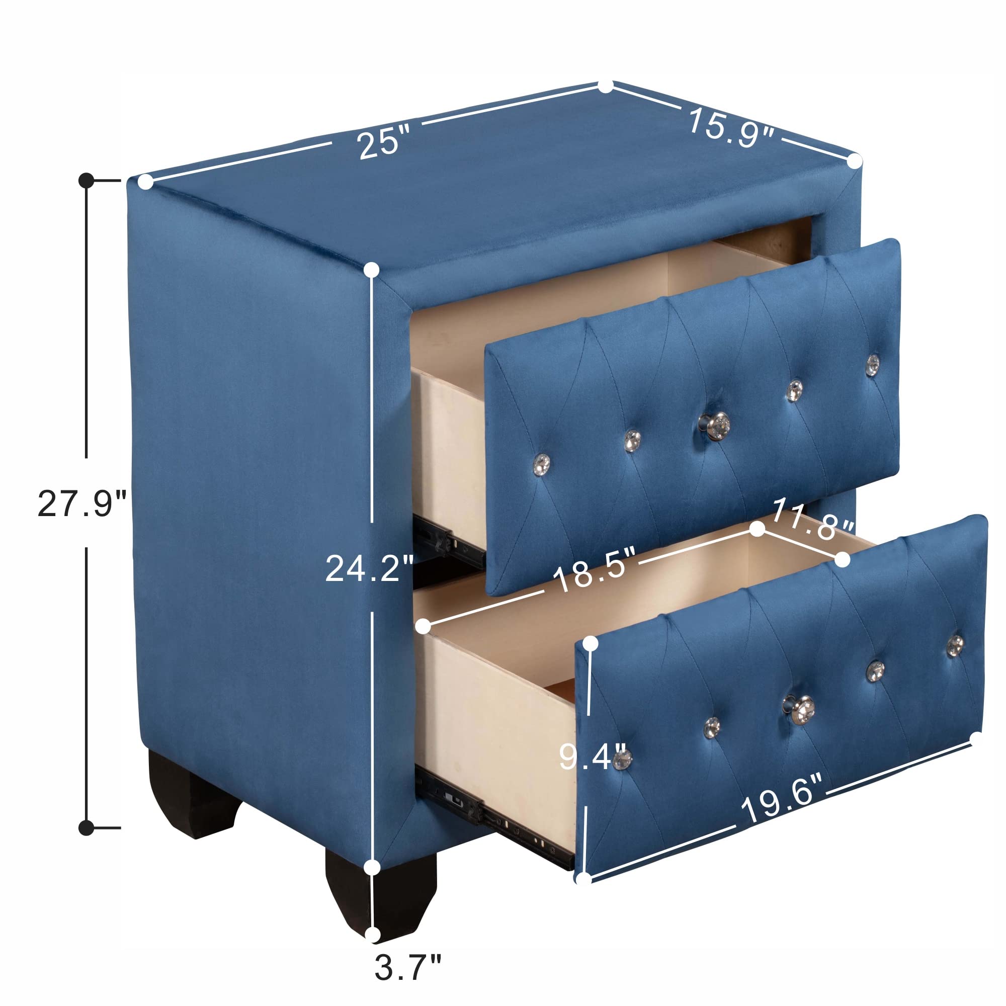 Blue Nightstand with 2 Drawers & Diamond Handle - Bedside Storage for Bedroom, Living Room
