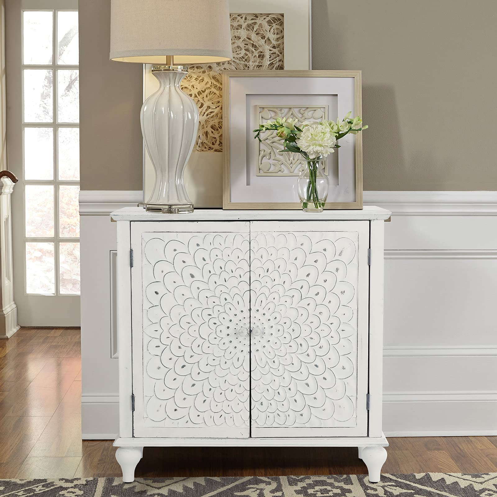 MAISON ARTS White Distressed Accent Cabinet with 2 Carved Floral Doors - Farmhouse Style Storage Sideboard for Living Room, Kitchen, Bedroom | Perfect for Home Decor, Entryway Storage & Dining Room Buffet