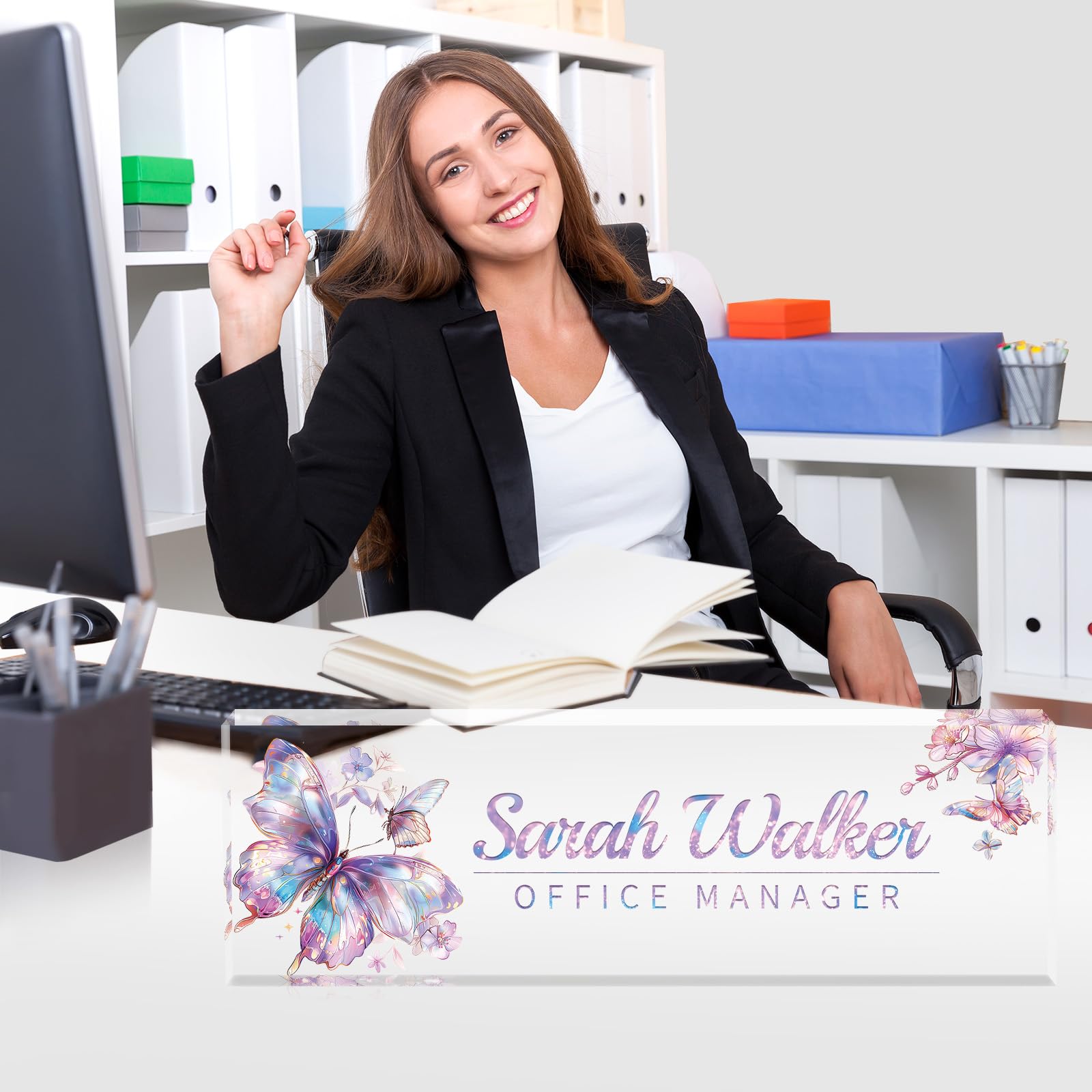 Personalized Acrylic Desk Name Plate - Custom Office Name Sign for Coworkers, Employees, Teachers & Bosses - Elegant Purple Gilt Butterfly Design - Perfect for Appreciation Gifts & Office Decor (Ideal for Workspace Organization & Professional Gifting)
