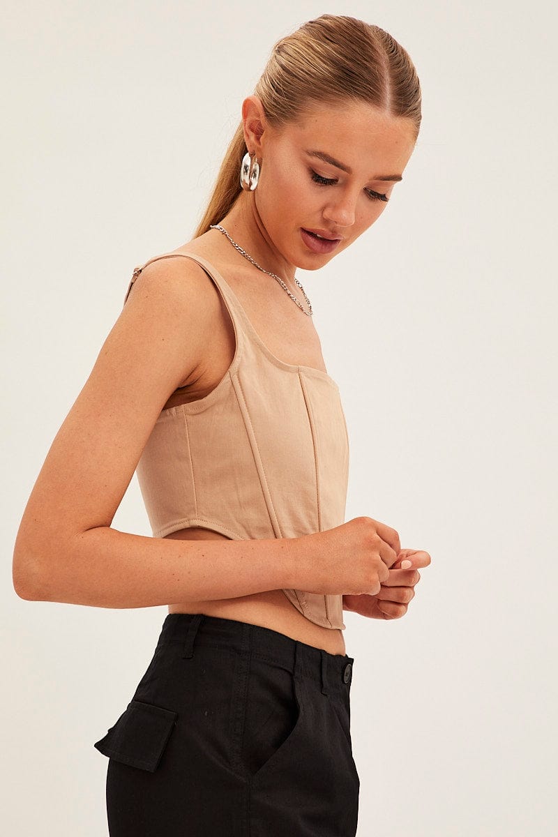 Beige Corset Top for Women - Sleeveless Square Neck Structured Bustier - Perfect for Layering, Date Night & Special Occasions