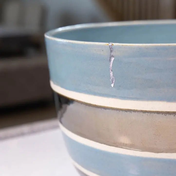 XXL Kintsugi Stoneware Serving Bowl - Earthy Blue & Reflective Palladium Striped Design | Large Handcrafted Ceramic Bowl for Soup, Salad, Pasta | Perfect for Entertaining, Dining & Kitchen Decor
