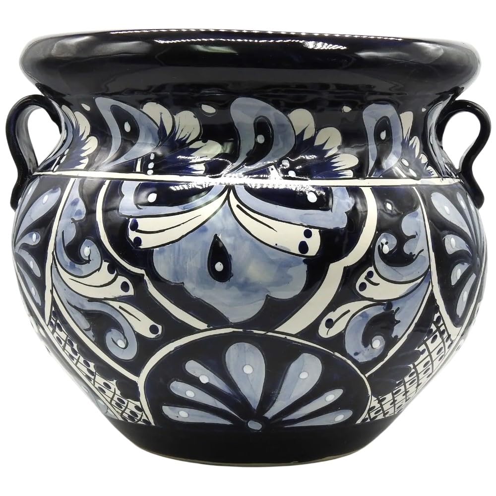 Hand-Painted Michoacana Planter - Medium Size Glazed Ceramic Pot in Blue & White for Indoor & Outdoor Plants | Perfect for Home Decor, Garden, Patio, and Office Spaces