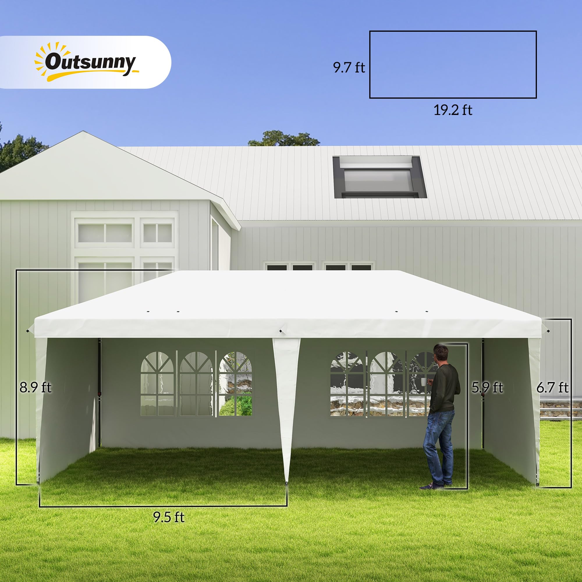 Outsunny 10' x 20' Heavy Duty Pop Up Canopy Tent with 4 Removable Sidewalls - Waterproof Instant Shelter Gazebo for Outdoor Parties, Camping, Beach, Backyard, Garden & Patio - Includes Carrying Bag (White)