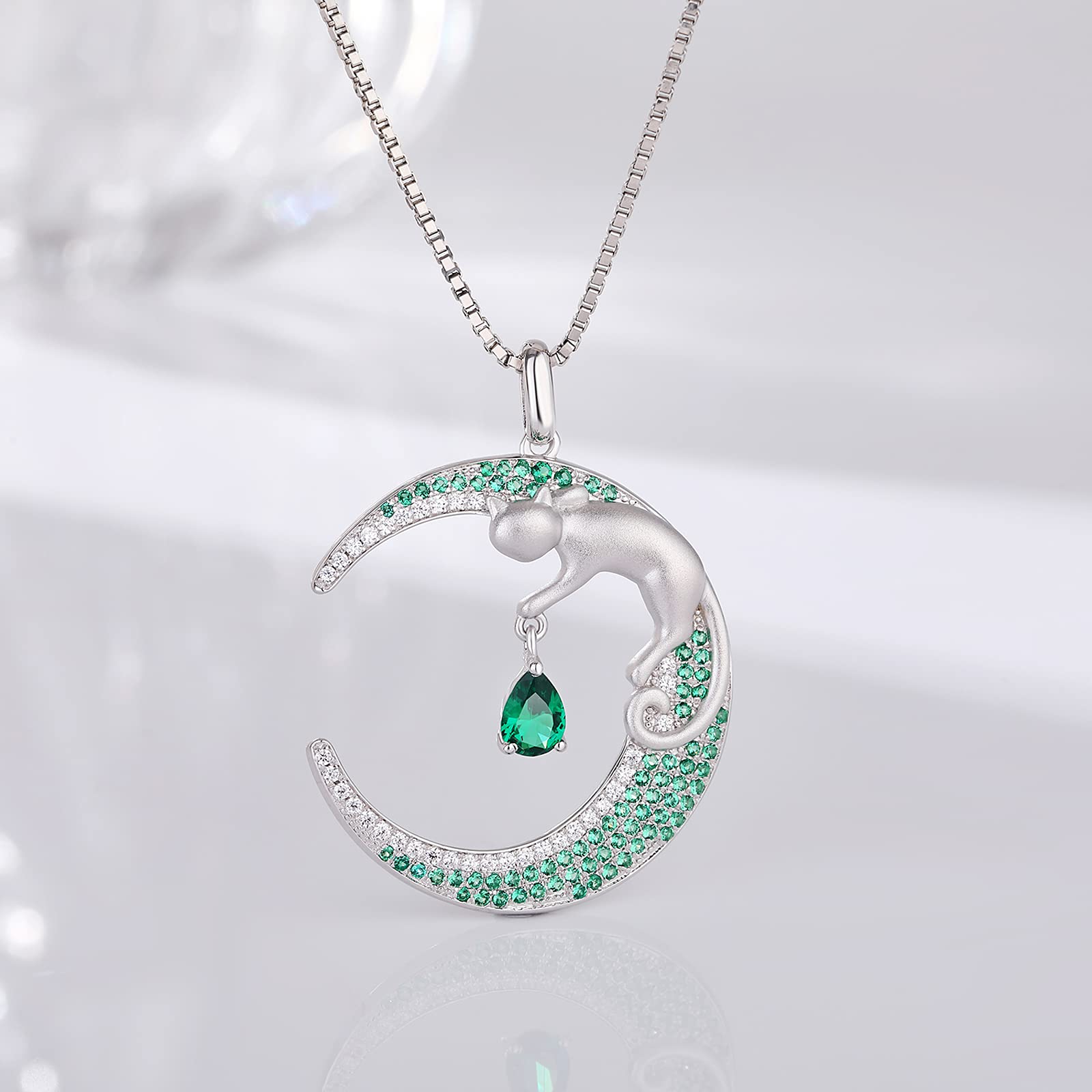 18K White Gold Plated Cat on Moon Pendant Necklace for Women - 925 Sterling Silver Cat Lover Jewelry, Perfect Gift for Birthday, Anniversary & Valentine's Day
