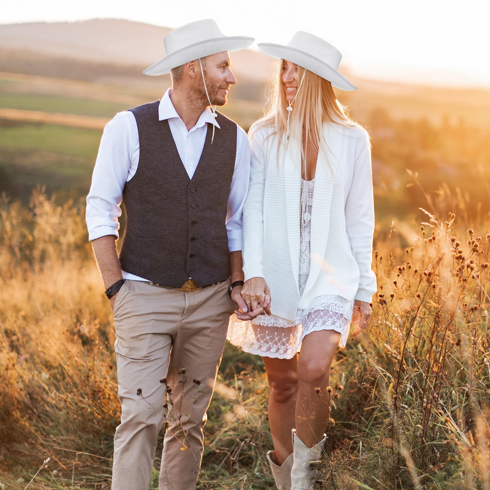 JaGely 22 Pcs White Cowboy Hat Set - Adjustable Western Cowboy Hats for Men & Women - Wide Brim Plain Cowgirl Hat with Neck Drawstring - Perfect for Costume Parties, Rodeo Events, and Western Themed Outfits