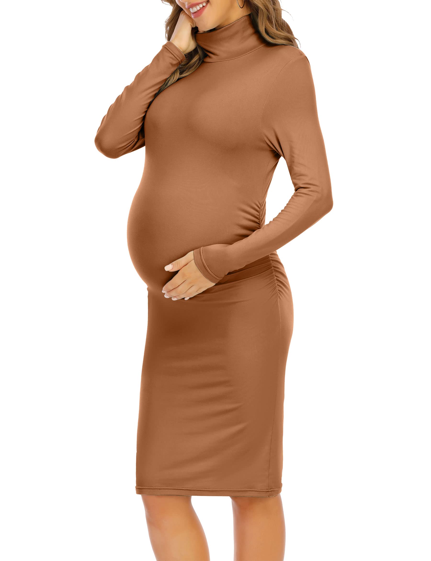 Stylish Turtleneck Long Sleeve Maternity Dress with Side Ruched Detail - Flattering Bodycon Fit for Pregnancy - Perfect for Work, Parties & Special Occasions
