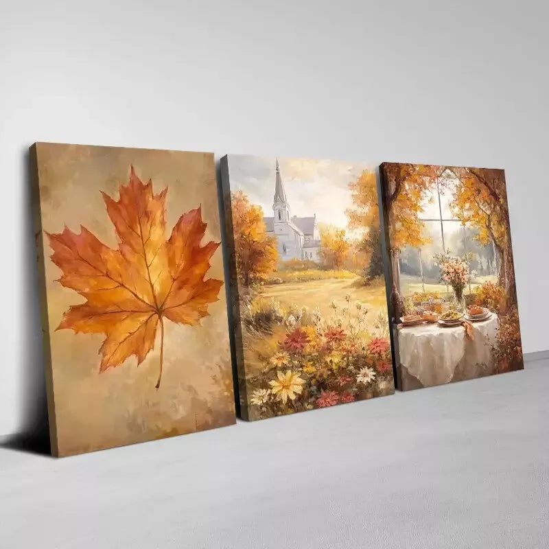 3-Piece Beautiful Autumn Town with Dry Leaves Art Set - Framed Canvas 50x70cm - High Quality Print - 100% Australian Made - Ready to Hang Wall Decor for Living Room, Bedroom & Office