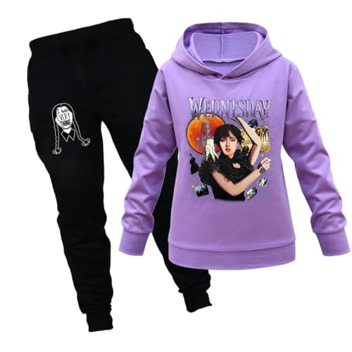 Uivic Girls Wednesday Addams Inspired Pullover Hoodie and Sweatpants 2-Piece Tracksuit Set - Long Sleeve Sweatshirt & Joggers Outfit for School, Halloween Costume, and Casual Wear
