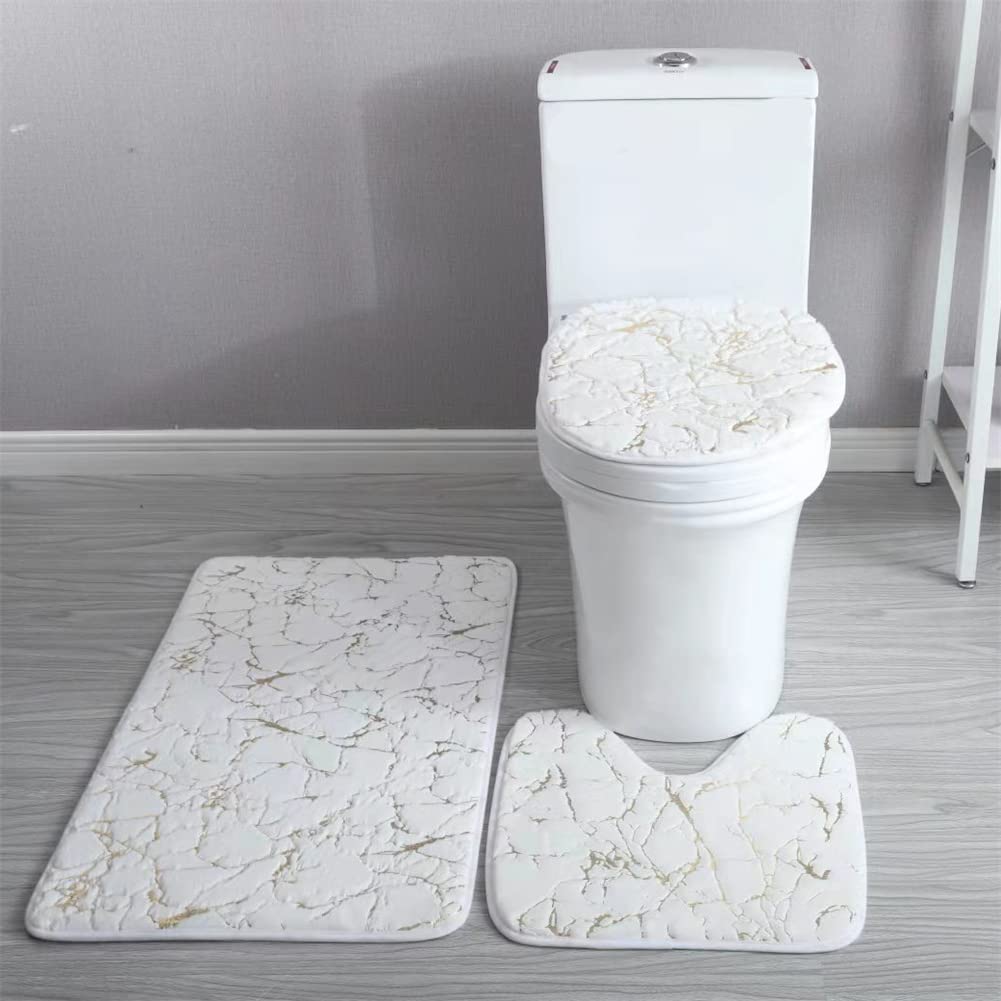 Soft Bronzing Microfiber Bathroom Rugs Set - 3 Piece Non-Slip Bath Mat with PVC Backing, Absorbent Contour Mat & Toilet Cover (White) - Perfect for Bathroom, Spa & Home Decor