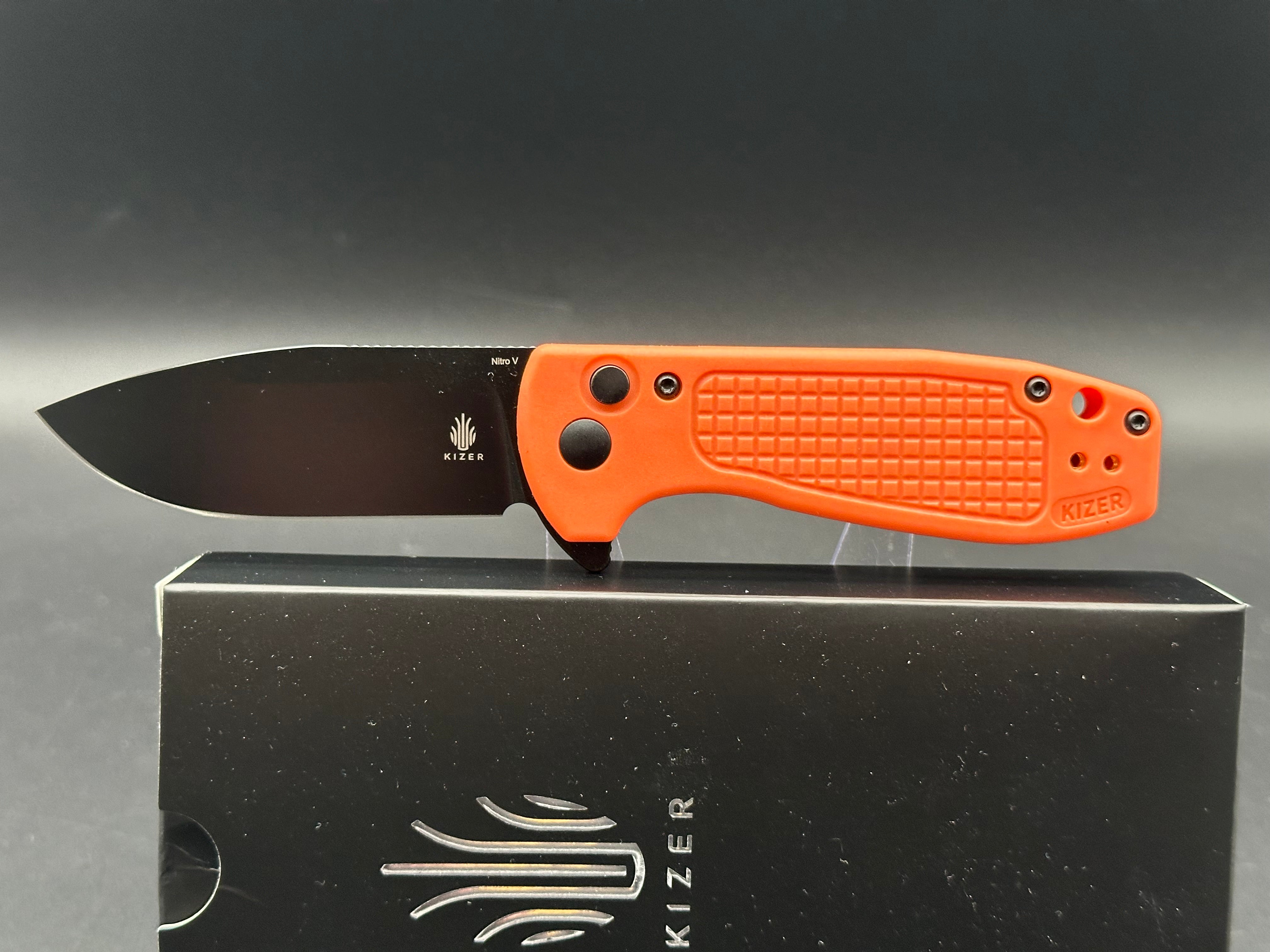Kizer Amicus Folding Knife - Nitro V Blade, Button Lock, Orange FRN Handle, L3002M2 (2.95