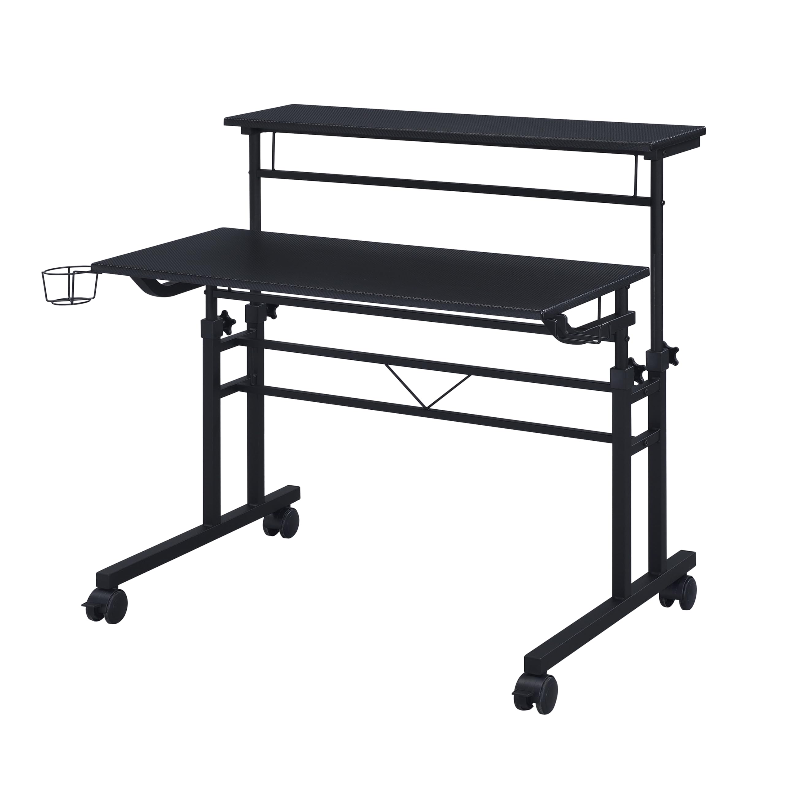 Techni Mobili Adjustable Height Rolling Standing Desk with Wheels - 2-Tier Mobile Office & Gaming Desk with Cup Holder - Black - Perfect for Home Office, Gaming Setup & Small Spaces