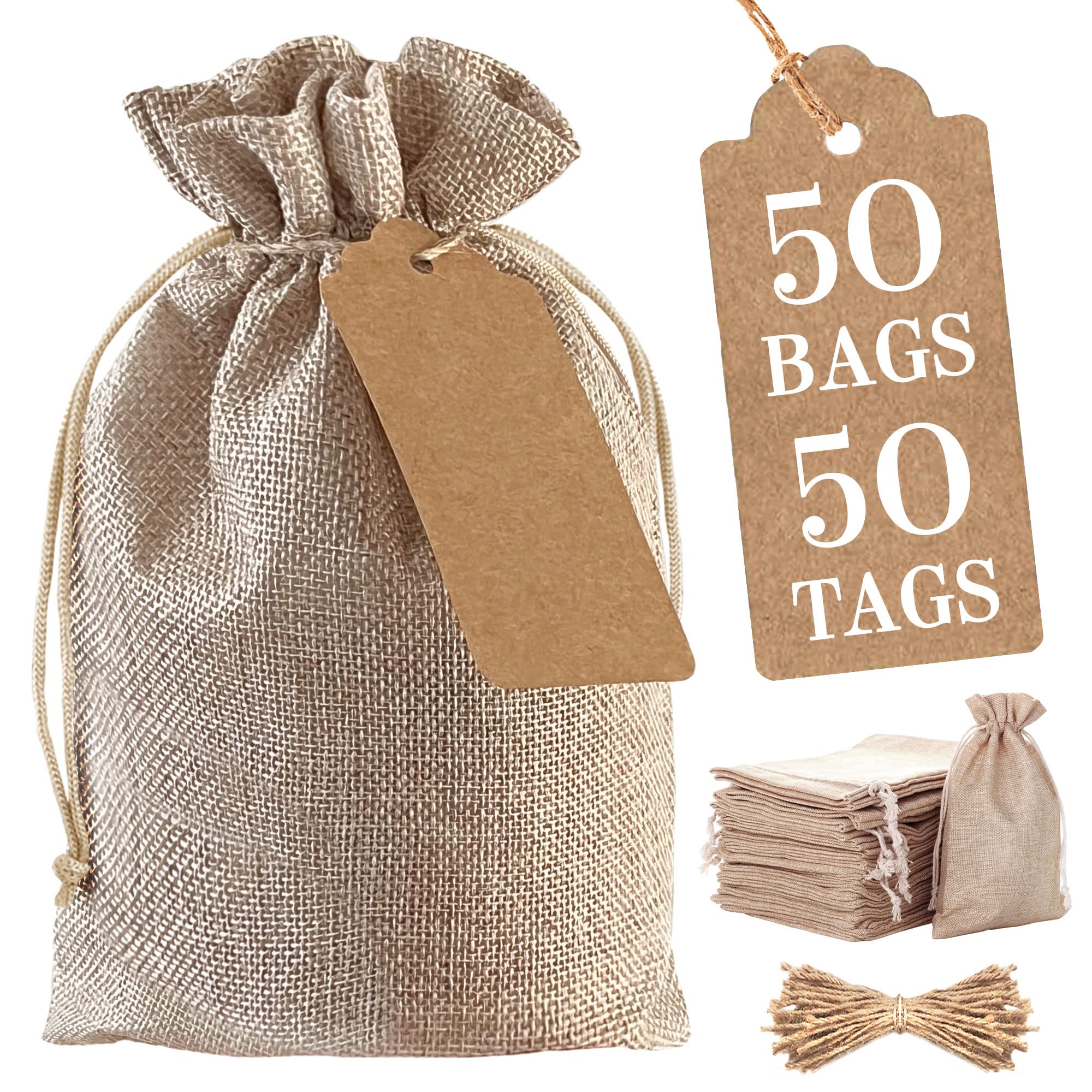 Gogailen 50 Natural Burlap Drawstring Bags (6.6x9 inches) with 50 Gift Tags & Strings - Eco-Friendly Party Favors for Weddings, Birthdays, Baby Showers & Special Events - Perfect for Wedding Favors, Party Gifts & DIY Craft Projects