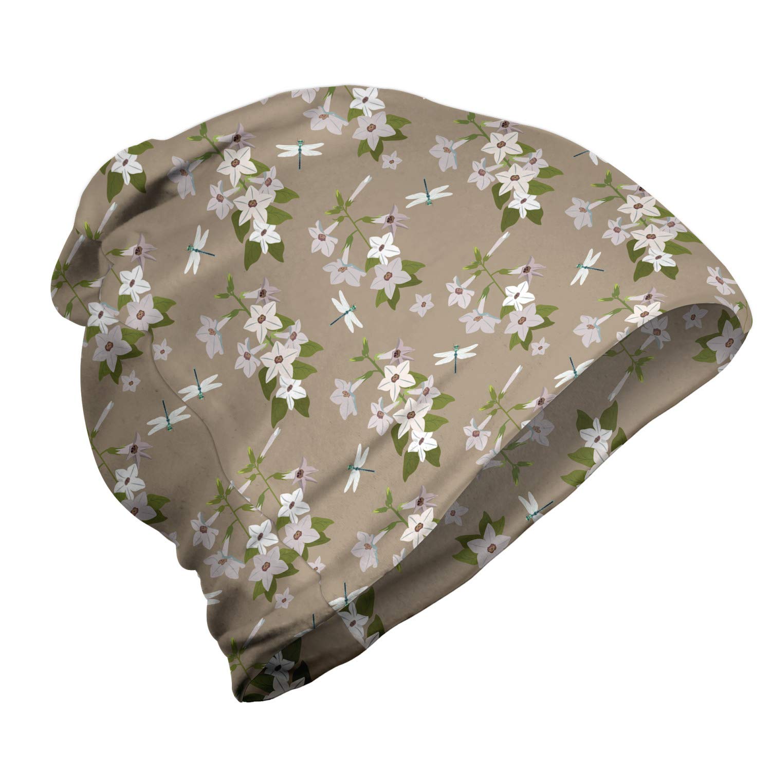 Ambesonne Unisex Beanie - Floral Jasmine Spring Design for Men & Women | Warm Winter Knit Hat for Hiking, Outdoor Activities & Casual Wear
