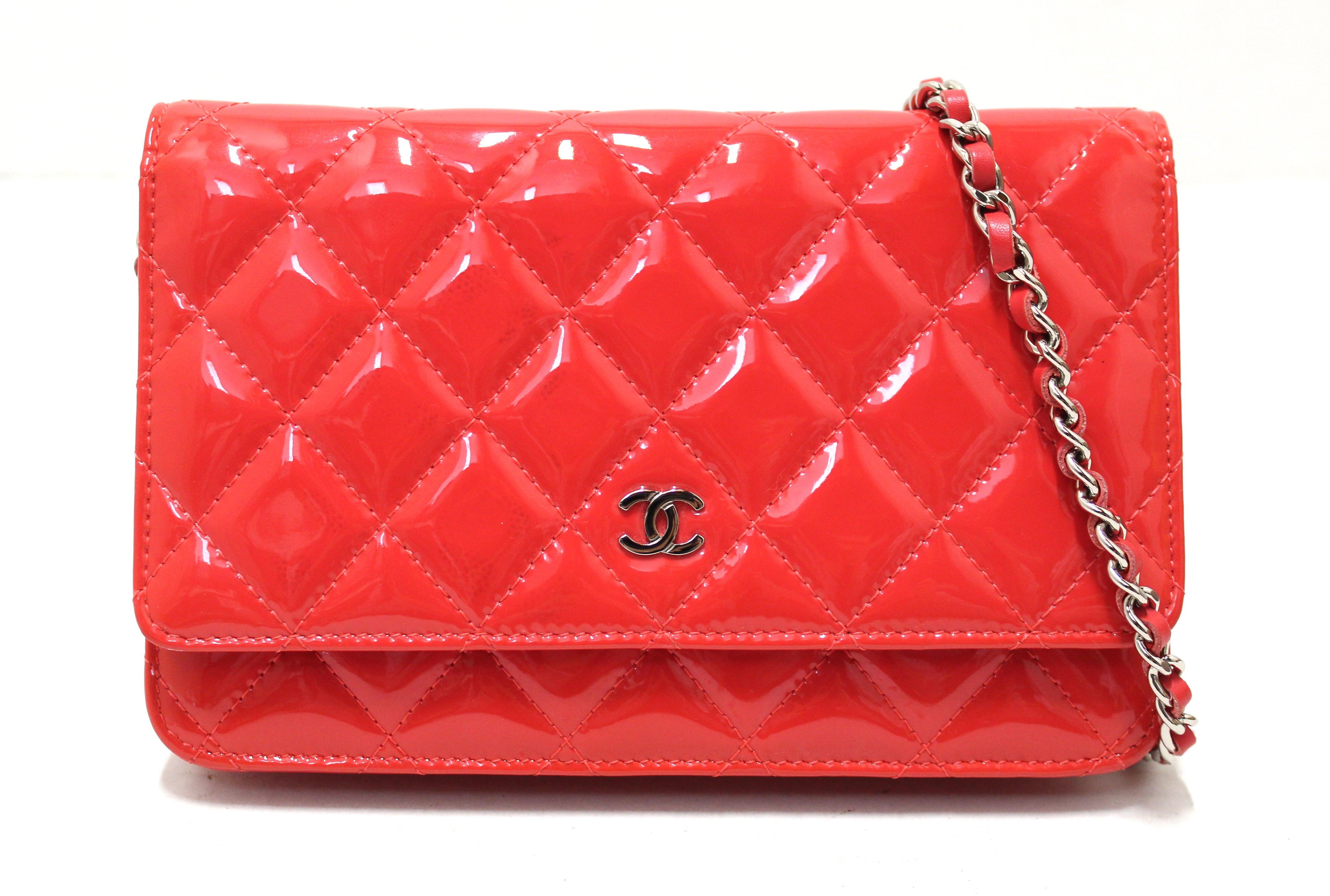 Authentic Chanel Red Quilted Patent Leather Wallet On Chain WOC Crossbody Bag - Luxury Designer Purse for Women, Perfect for Date Night & Evening Events