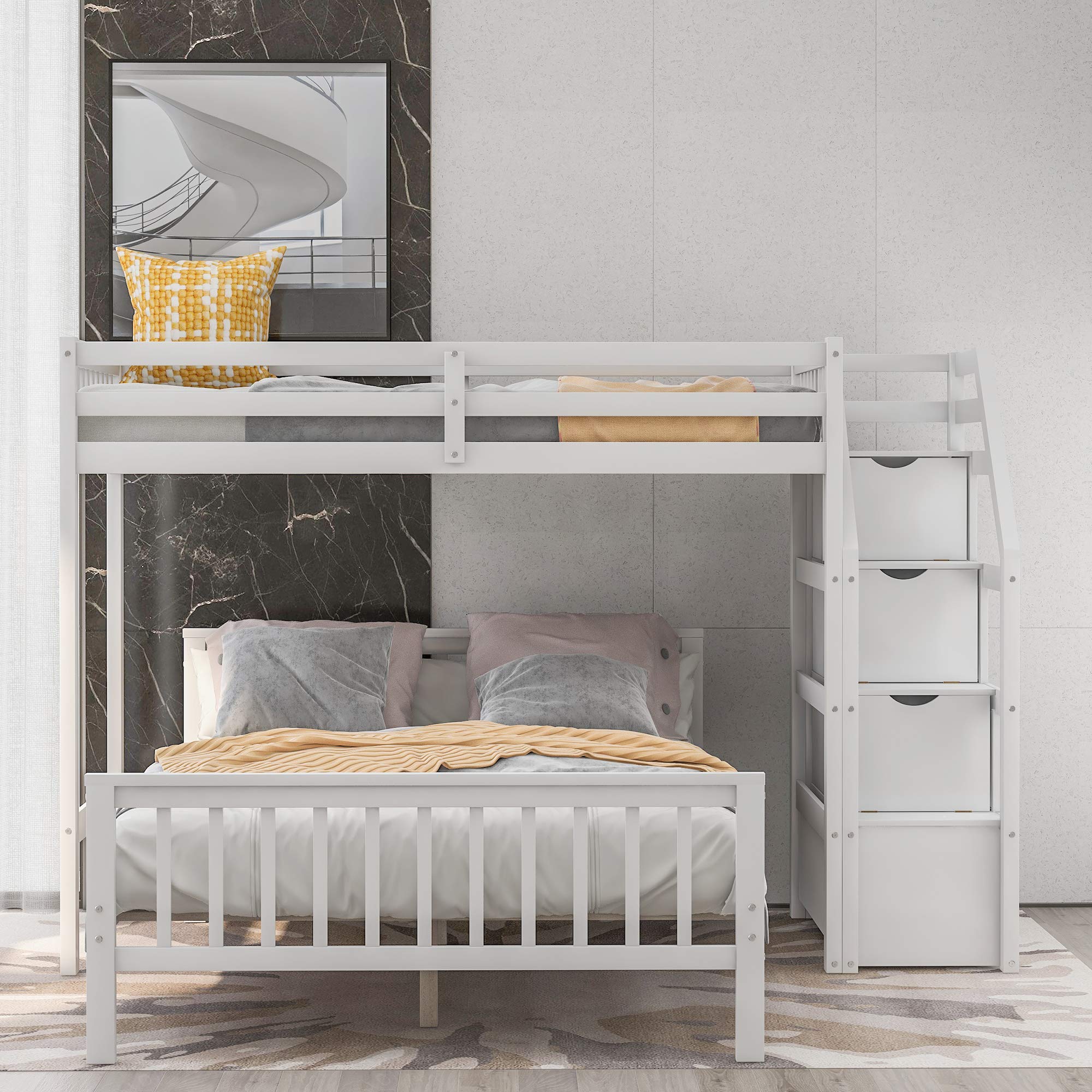 LZ LEISURE ZONE Twin Over Full Loft Bed with Storage - Solid Wood Bunk Bed Frame, No Box Spring Needed (White) - Perfect for Kids' Bedrooms, Guest Rooms & Small Spaces