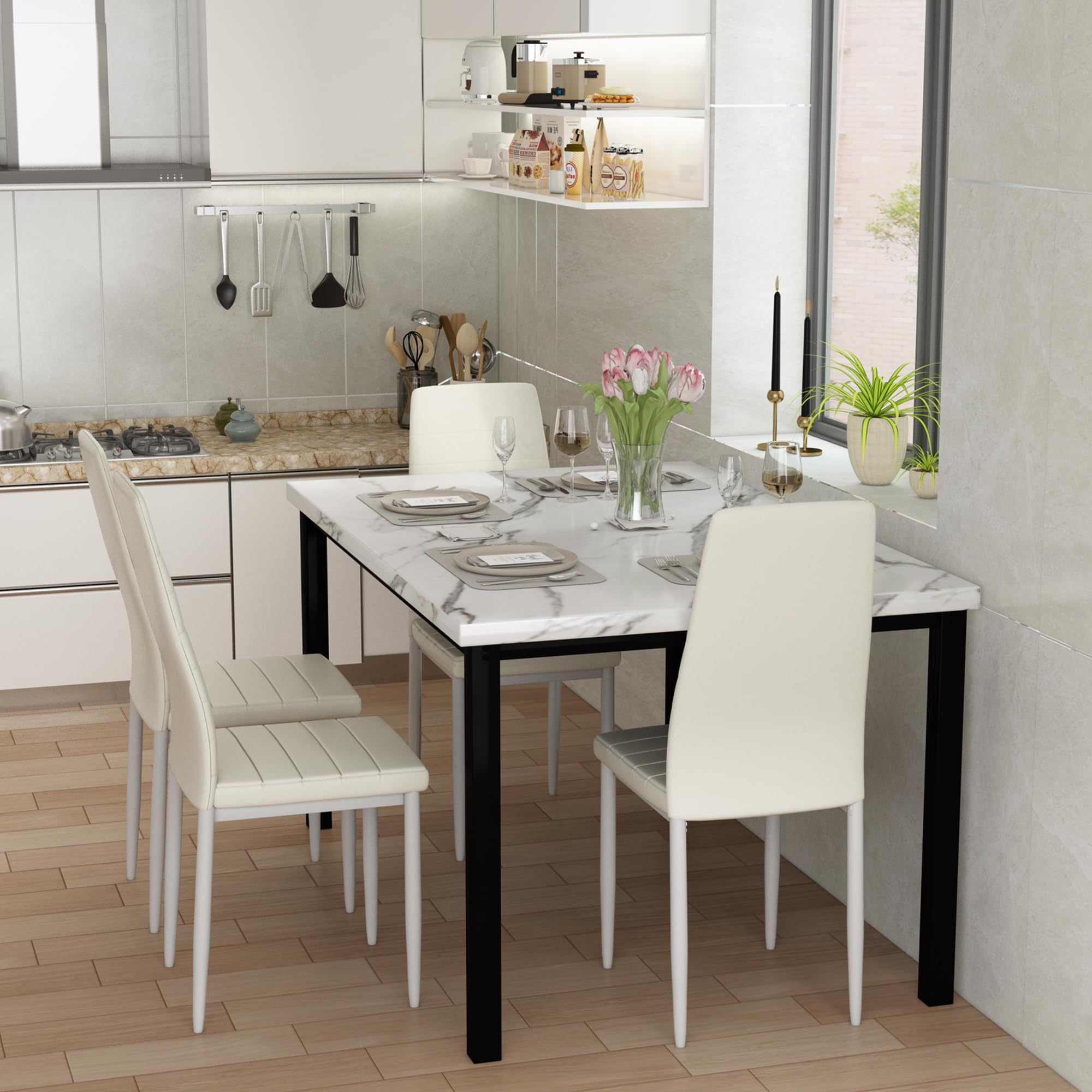 DKLGG 5-Piece Dining Table Set for 4 with PU Leather Chairs & Faux Marble Top - Space-Saving Kitchen Table Set for Small Homes & Apartments - Perfect for Family Meals, Dinner Parties & Compact Living Spaces