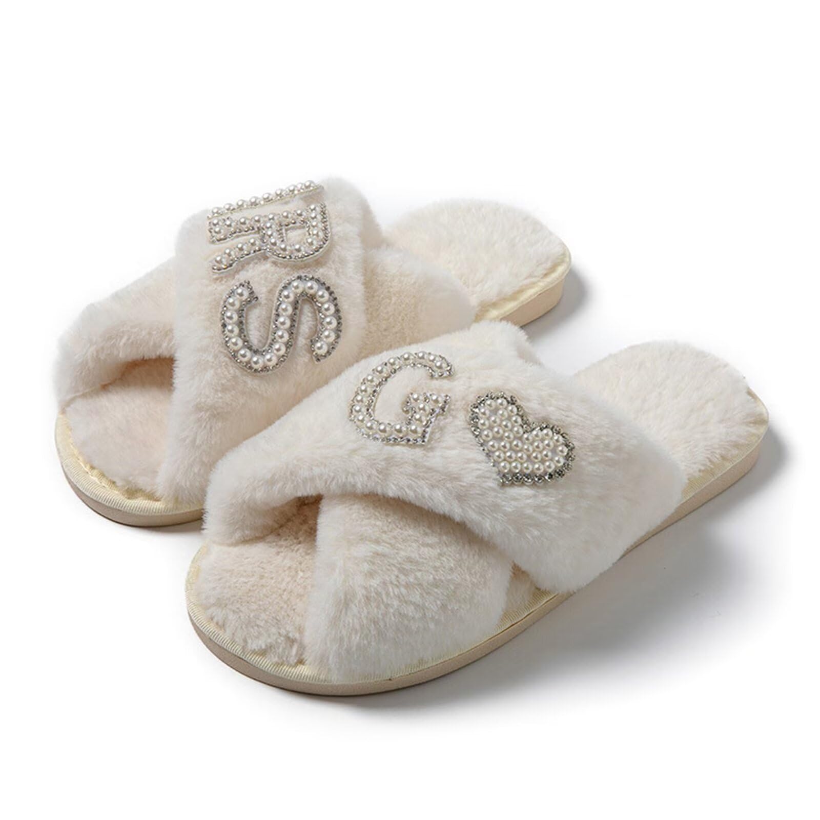 KEYUSHOP Women's Wedding Slippers - Soft Bridal House Slippers with Cross Band, Fuzzy Open-Toe Design for Bride, Bridesmaid & Bridal Shower Party | Comfortable Indoor/Outdoor Slippers for Wedding Preparation & Honeymoon