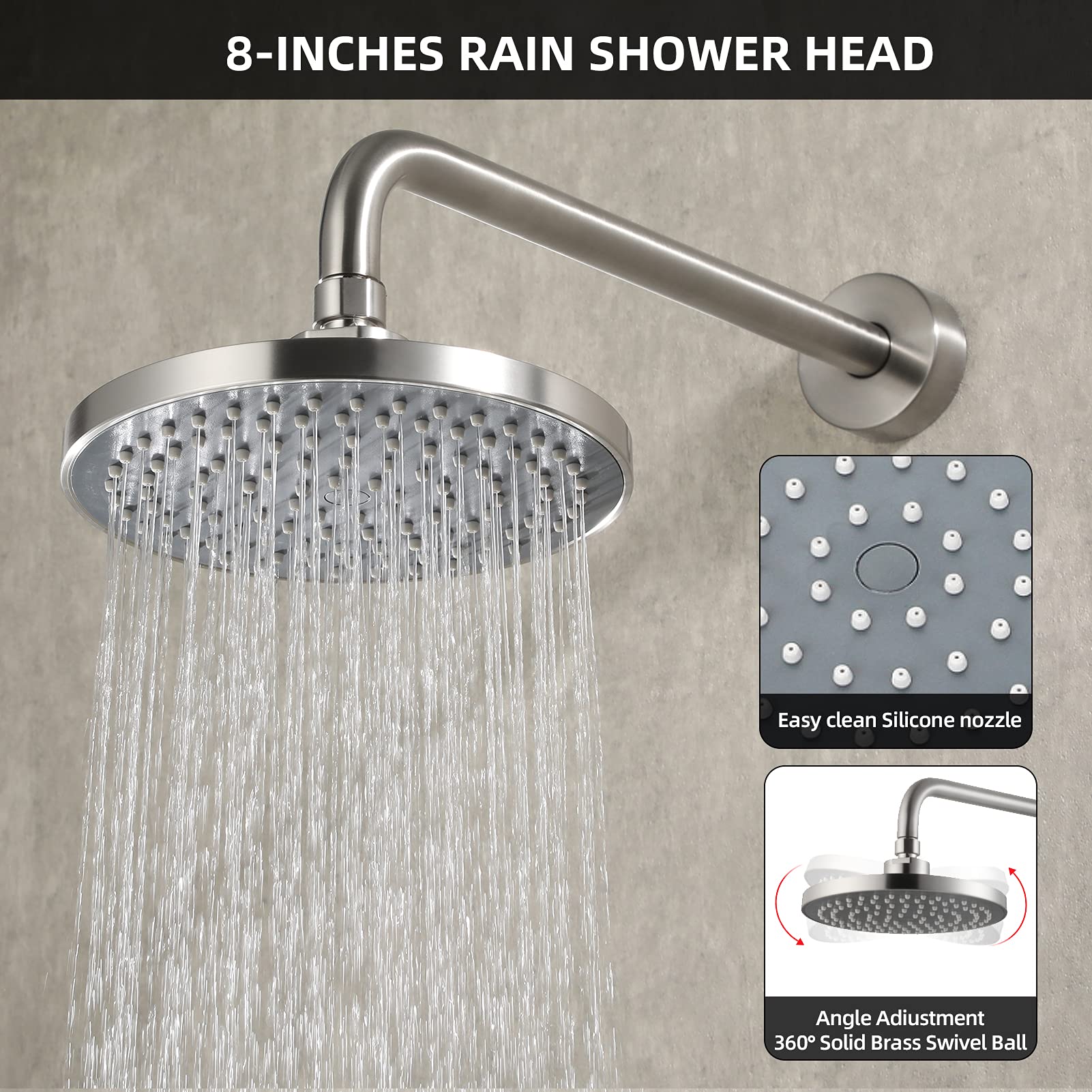 NEWATER Brushed Nickel Shower Faucet Set with 8-Inch Rainfall Shower Head & Tub Spout - Single Handle Pressure Balancing Valve Included - Wall Mounted Shower Tub Combo Kit for Bathroom Remodeling & Modern Home Upgrade