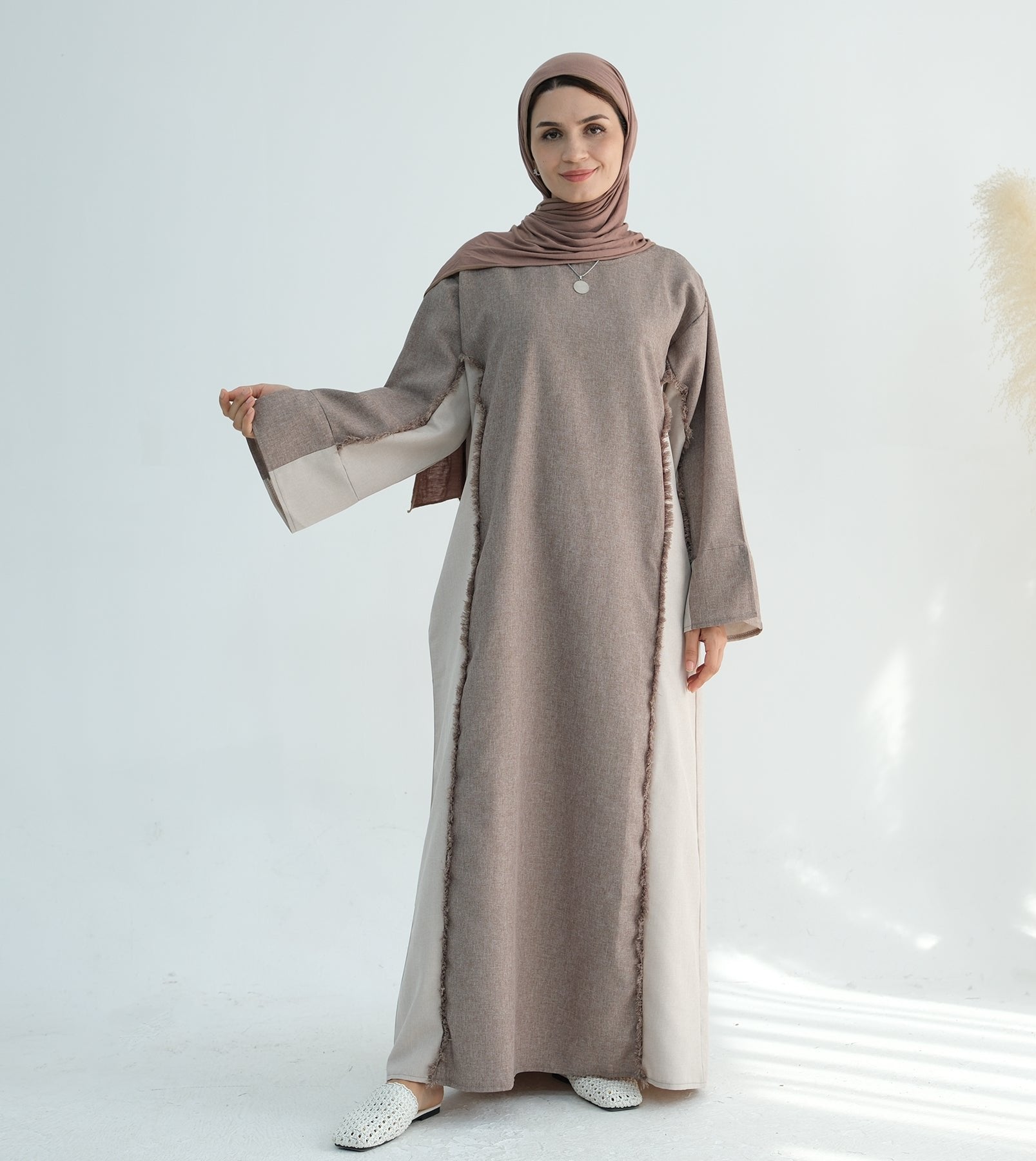 Blair Fringe Abaya Dress in Taupe - Elegant Islamic Modest Dress for Women, Perfect for Prayer, Eid, and Special Occasions