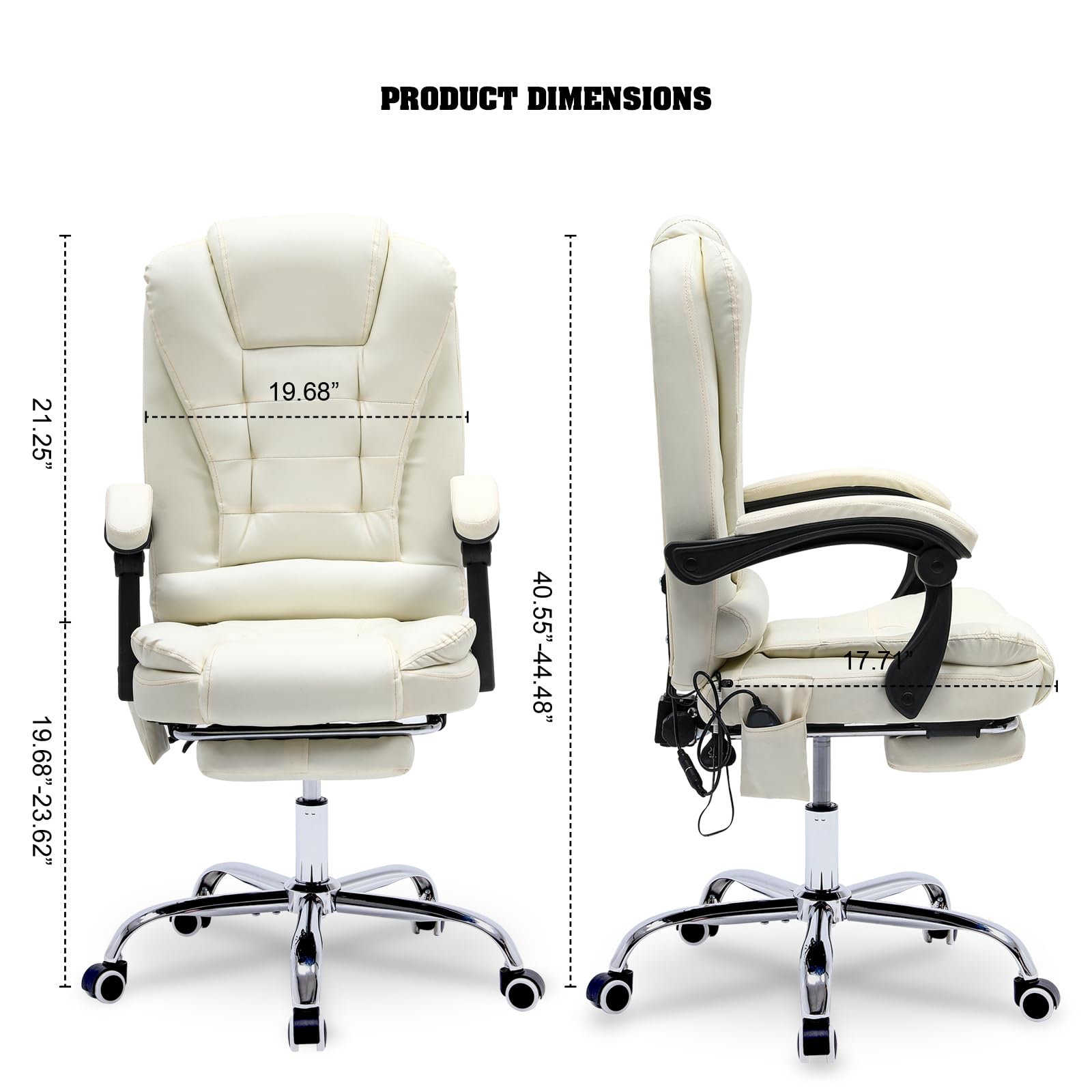 Ergonomic Reclining Office Chair with Massage & Heat - PU Leather Executive Computer Chair with Adjustable Footrest, Padded Armrest & High Back Support - Perfect for Home Office, Gaming & Study (White)