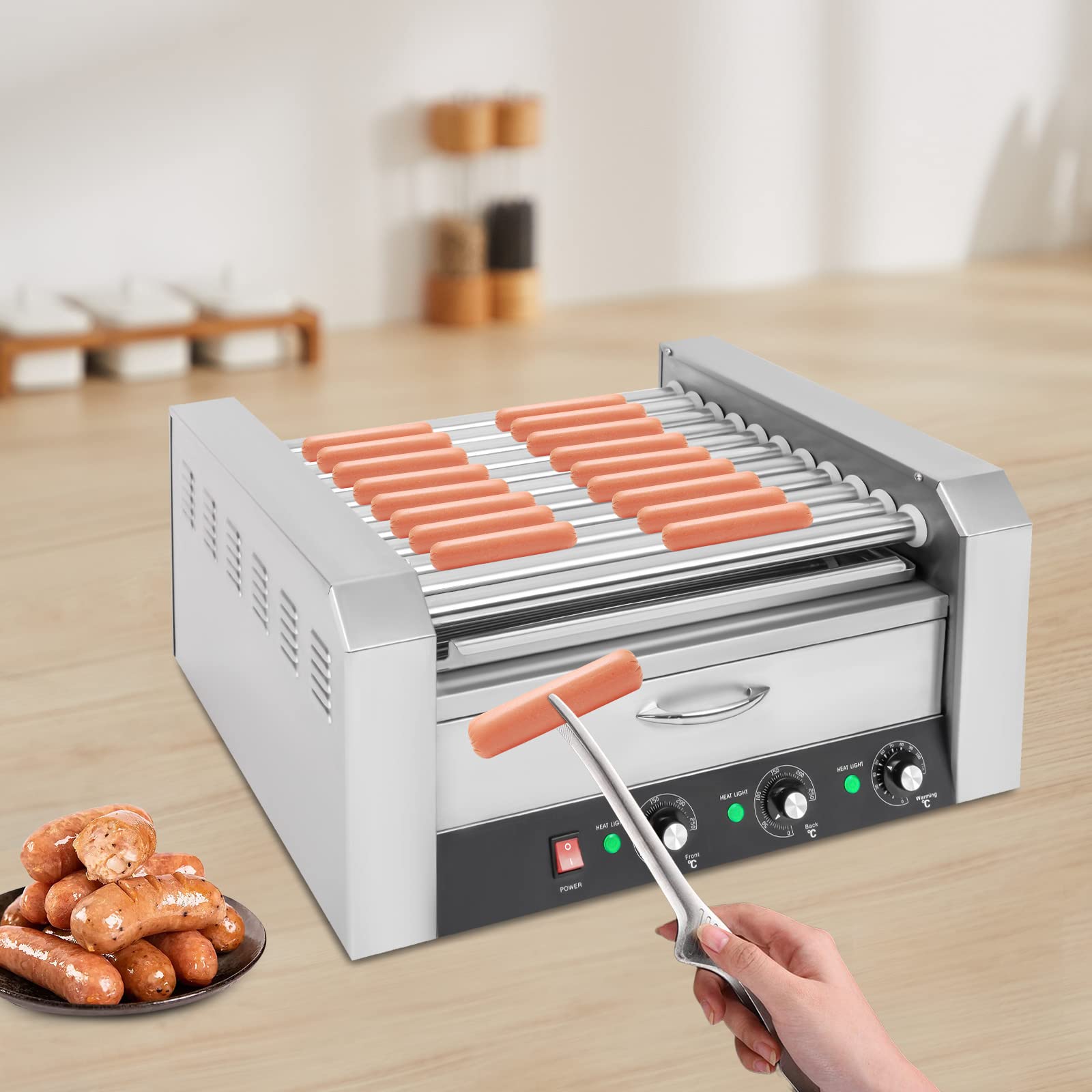 Commercial Hot Dog Machine with Bun Warmer - 30 Hot Dog Roller Grill Cooker 1560W for Shop, Snack Bar, Restaurant, Food Truck & Outdoor Events - Perfect for Fast Food Service, Carnivals & Concession Stands