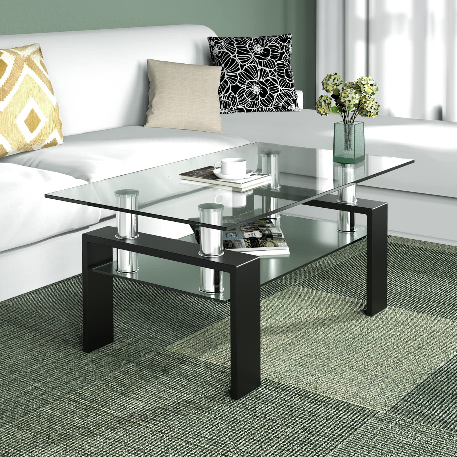NAFORT Modern 2-Tier Rectangle Coffee Table with Tempered Glass Top & Sturdy Metal Legs - Living Room Center Table with Storage Shelf | Perfect for Small Spaces, Apartments & Contemporary Home Decor