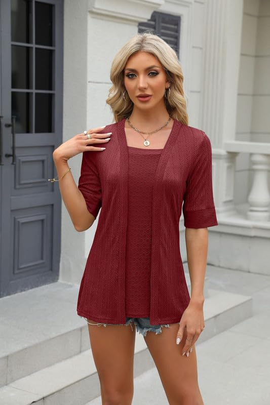 Women's Casual Short Sleeve Tunic Top - Square Neck Pullover Blouse with Layered Two-Piece Look, Elegant Cardigan Style for Office Wear & Summer Outfits | Perfect for Work, Date Nights and Weekend Brunch