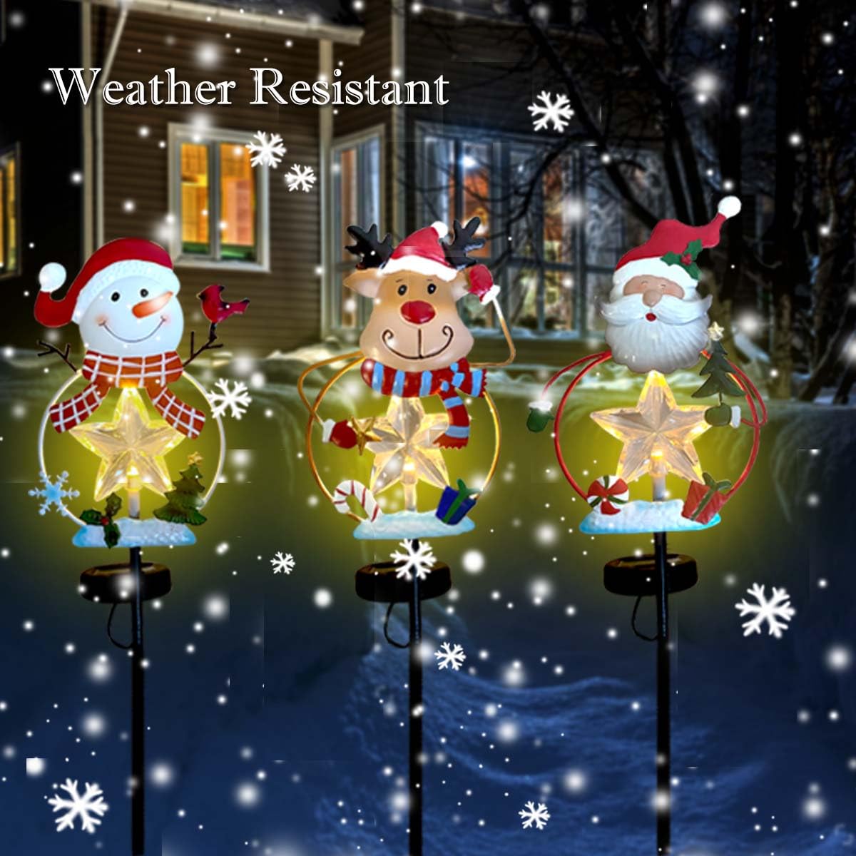 3 Pack Christmas Yard Stakes - Solar Powered Outdoor Garden Decor with LED Lights (Snowman/Santa/Reindeer) - Waterproof Metal Holiday Decoration for Lawn, Pathway & Winter Landscaping | Perfect for Christmas Party, Front Yard Decor & Seasonal Festivities