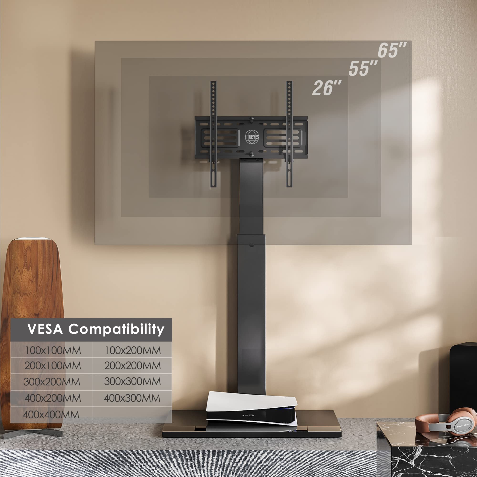 FITUEYES Universal Floor TV Stand for 26-65 Inch TVs - Swivel Mount, Height Adjustable, Space Saving Design with Wire Management - Compatible with LED, LCD, OLED, Plasma Flat & Curved Screens (Black) - Perfect for Living Rooms, Bedrooms & Home Theaters