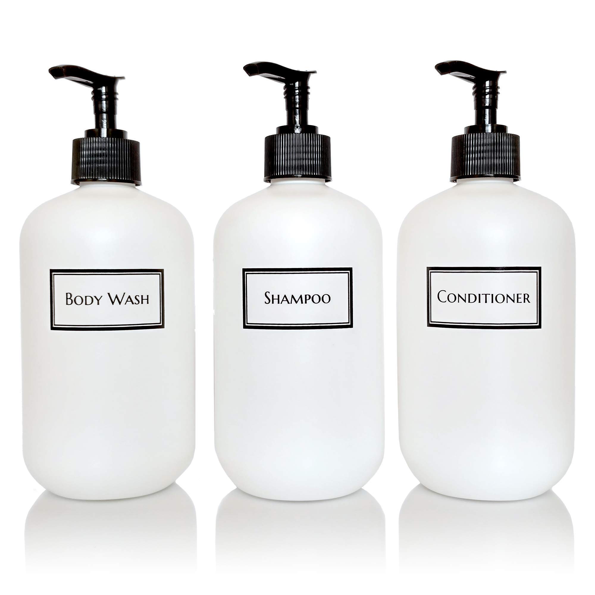 Silkscreened Empty Shower Bottle Set - 16oz Squat Containers for Shampoo, Conditioner & Body Wash | 3-Pack with Black Pumps | Perfect for Bathroom Organization & Travel Toiletries