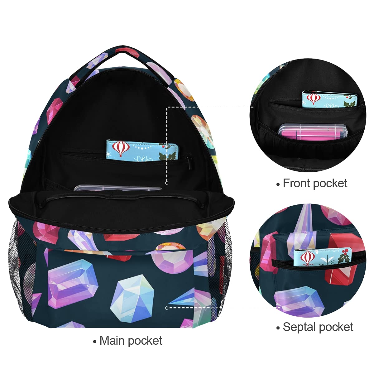 Stylish Gemstone Print Backpack - Durable Laptop Bag for School, Travel & Hiking | Water-Resistant Daypack for Women, Men & Teens | Perfect for Work, College & Outdoor Adventures