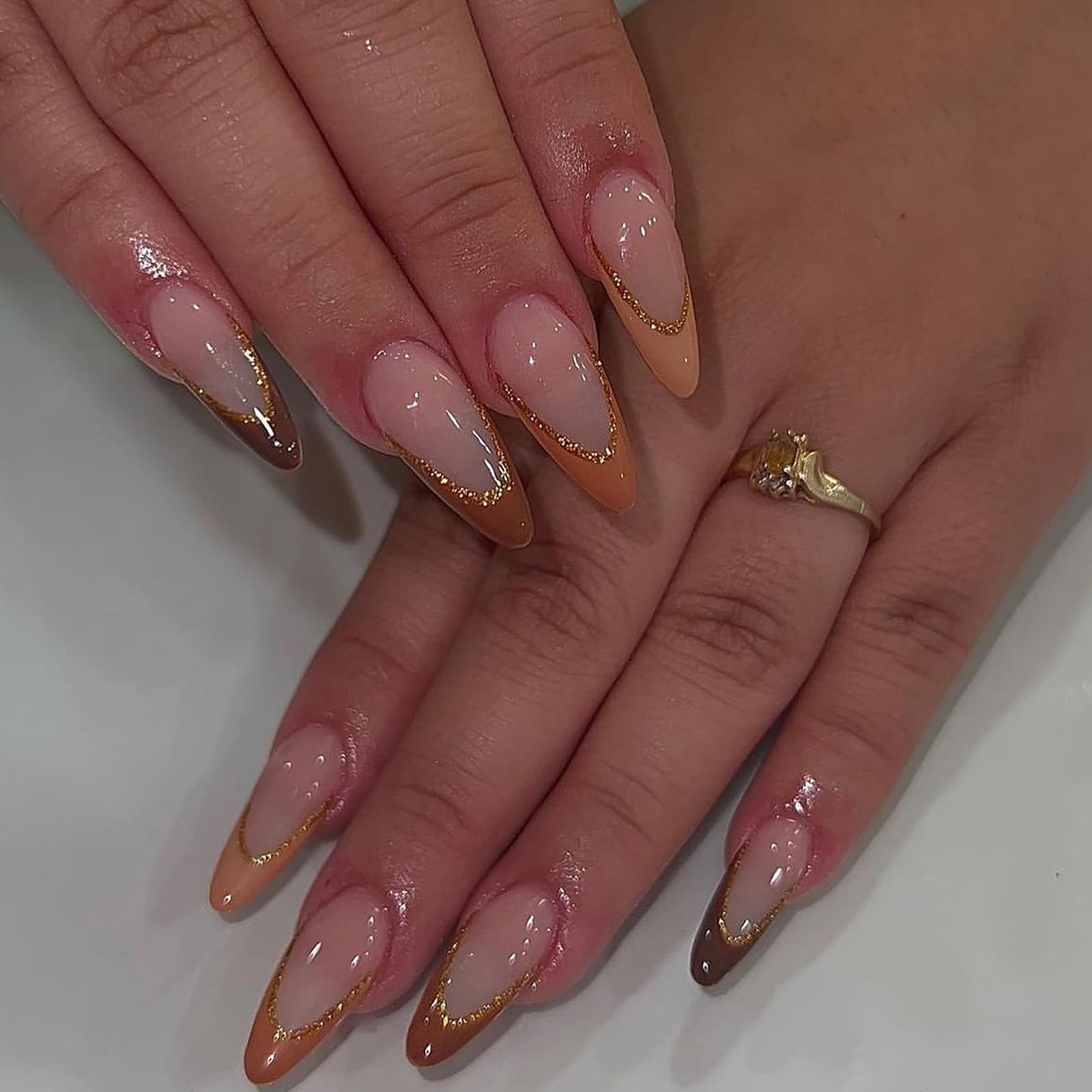 MISUD 24pcs Medium Almond Press on Nails - Glossy Autumn Brown French Tip Acrylic Fake Nails with Bling Glitter Design | Stiletto Artificial Nails for Fall, Halloween, Parties & Special Occasions