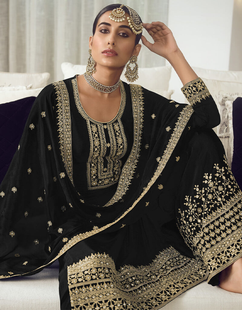 Elegant Black Dola Silk Palazzo Suit for Women - Indian Ethnic Wear for Weddings, Parties & Festive Occasions