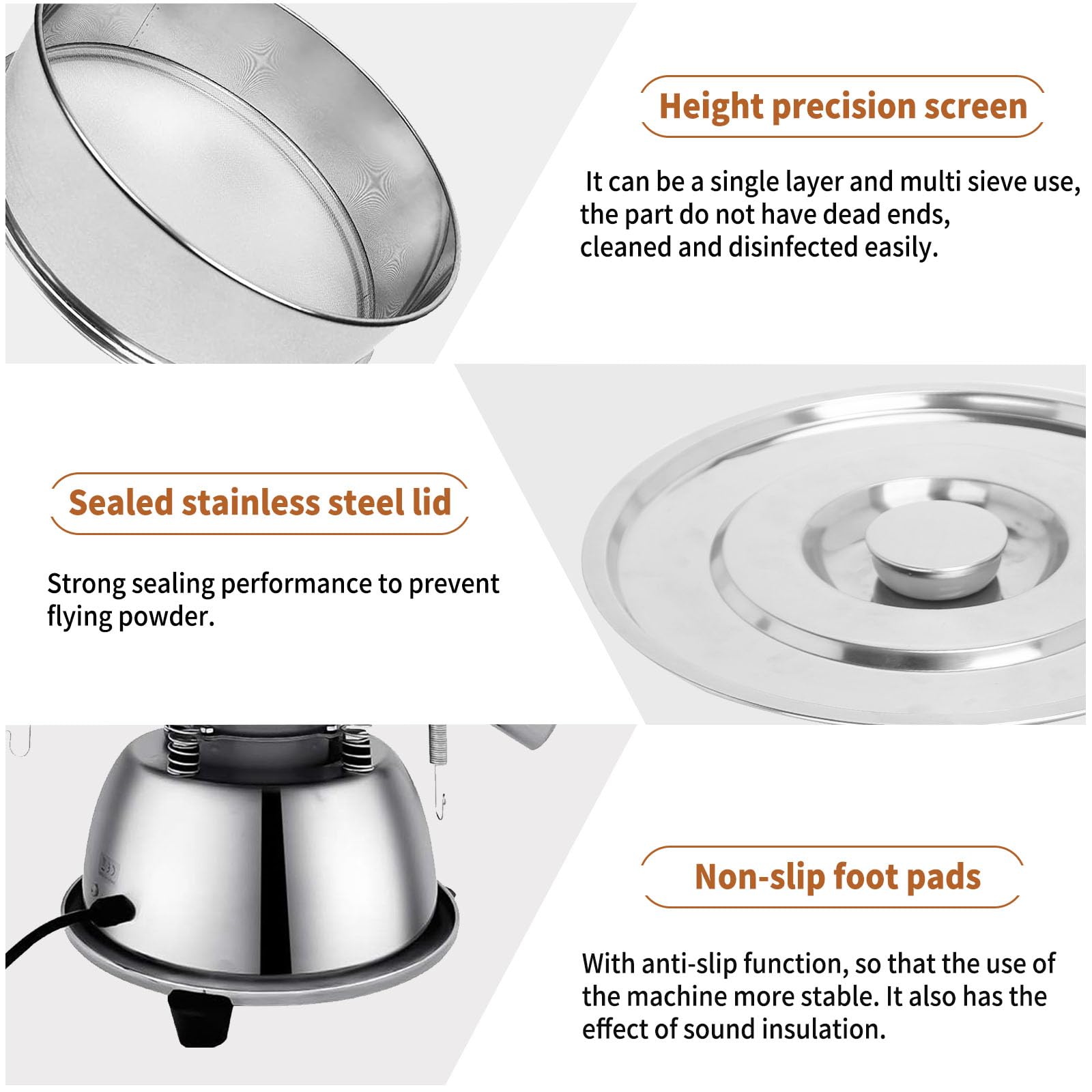 Stainless Steel Automatic Powder Sifter Machine - 10 Mesh & 60 Mesh Vibrating Sieve Shaker with 2 Screens for Flour & Baking Powders | 110V Electric Sifter for Commercial Kitchens & Bakeries