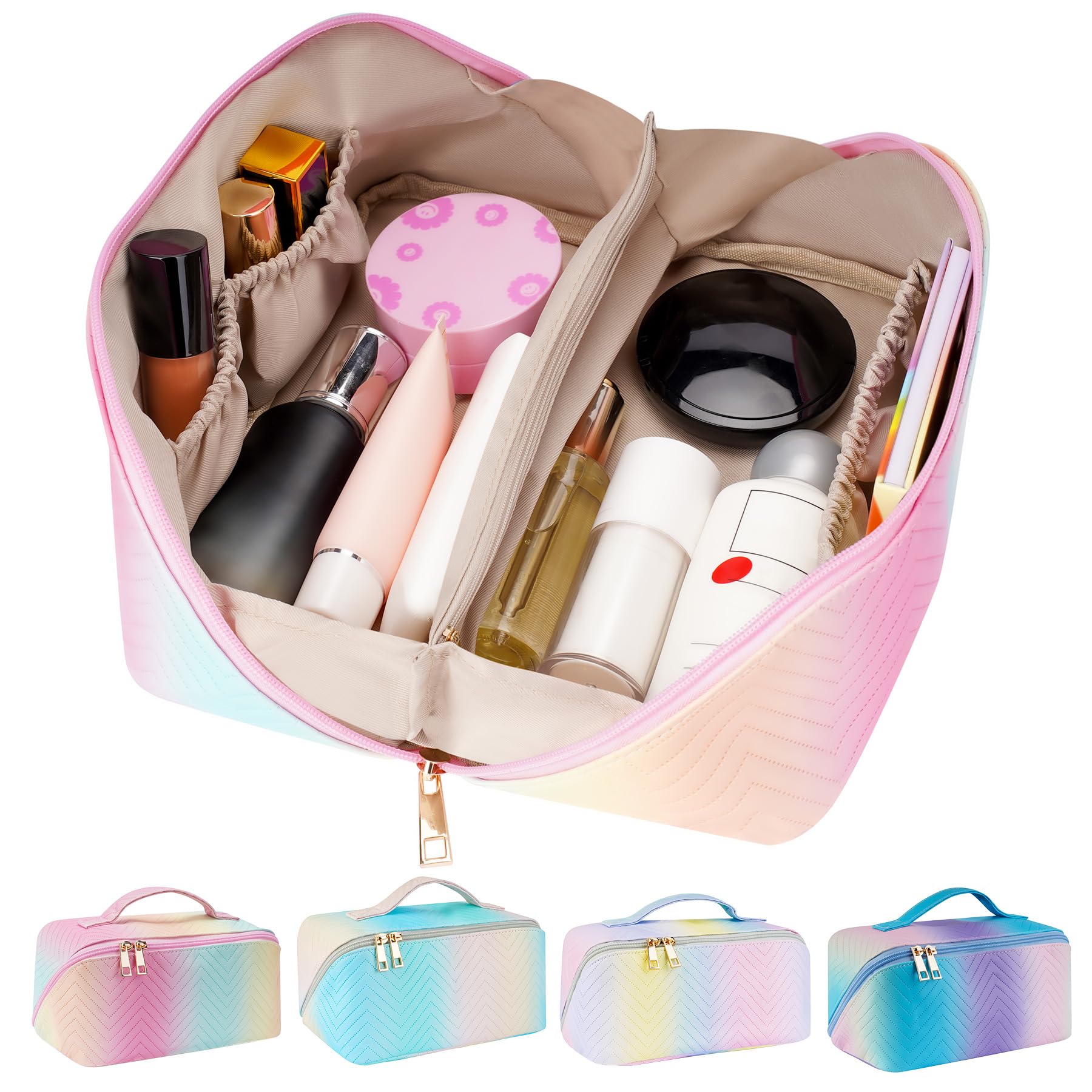 Large Capacity Waterproof Travel Makeup Bag for Women - PU Leather Cosmetic Organizer with Divider & Handle, Portable Toiletry Pouch for Travel, Gym, Vacation & Daily Use