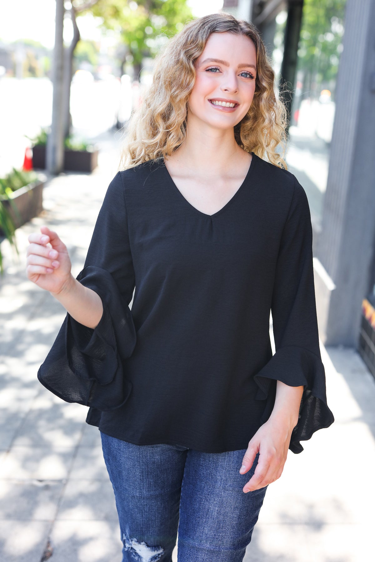 Falling In Love Black Hi-Lo Ruffle Sleeve Woven Top for Women | Elegant Party & Date Night Blouse | Perfect for Evening Events, Cocktail Parties and Romantic Outfits