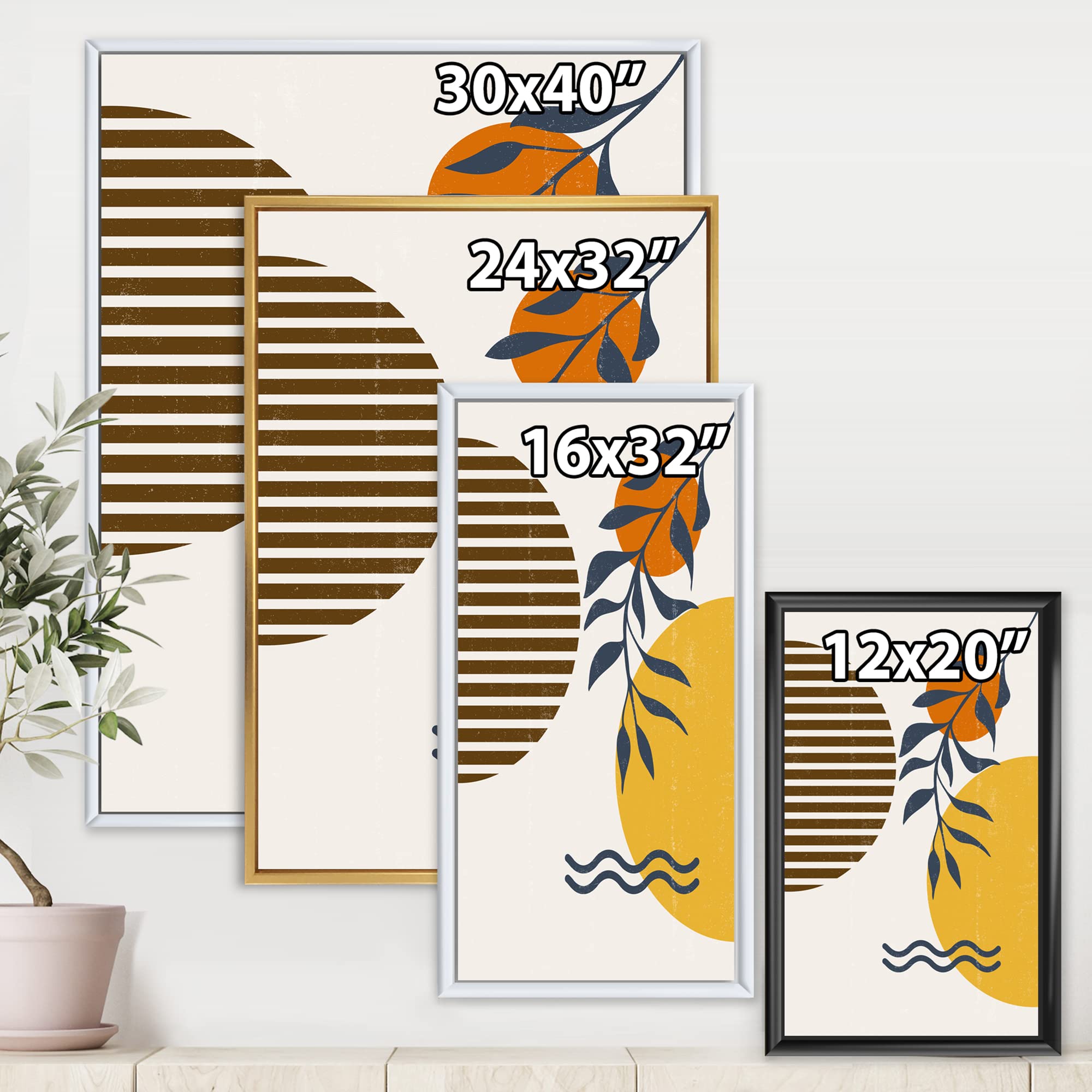 DesignQ Botanical Minimalist Leaf With Abstract Shapes I - Modern Framed Canvas Wall Art Print for Living Room, Bedroom & Office Decor