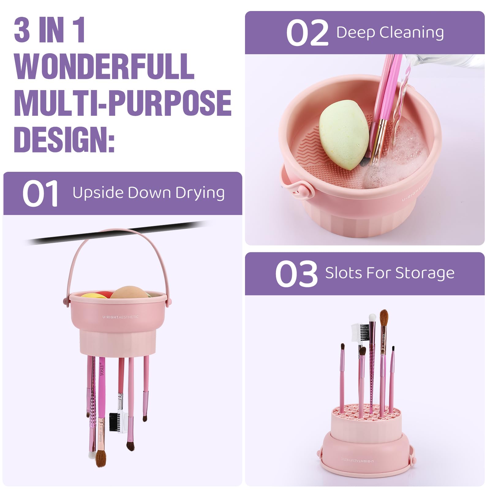 2 Pack Silicone Makeup Brush Cleaner Mat - 3-in-1 Cleaning Bowl & Sponge Scrubber Tool for Makeup Brushes, Storage & Upside Down Drying (Purple) - Perfect for Professional Makeup Artists & Home Beauty Routines