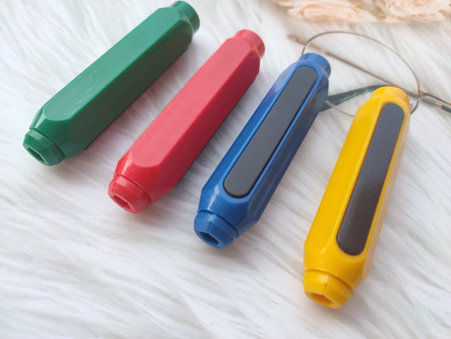 Magnetic Chalk Holders with Storage Case - 4 Pack Adjustable Chalk Clips for Teachers, School & Office - Blue, Green, Red, Yellow - Perfect for Whiteboards, Blackboards & Classroom Organization