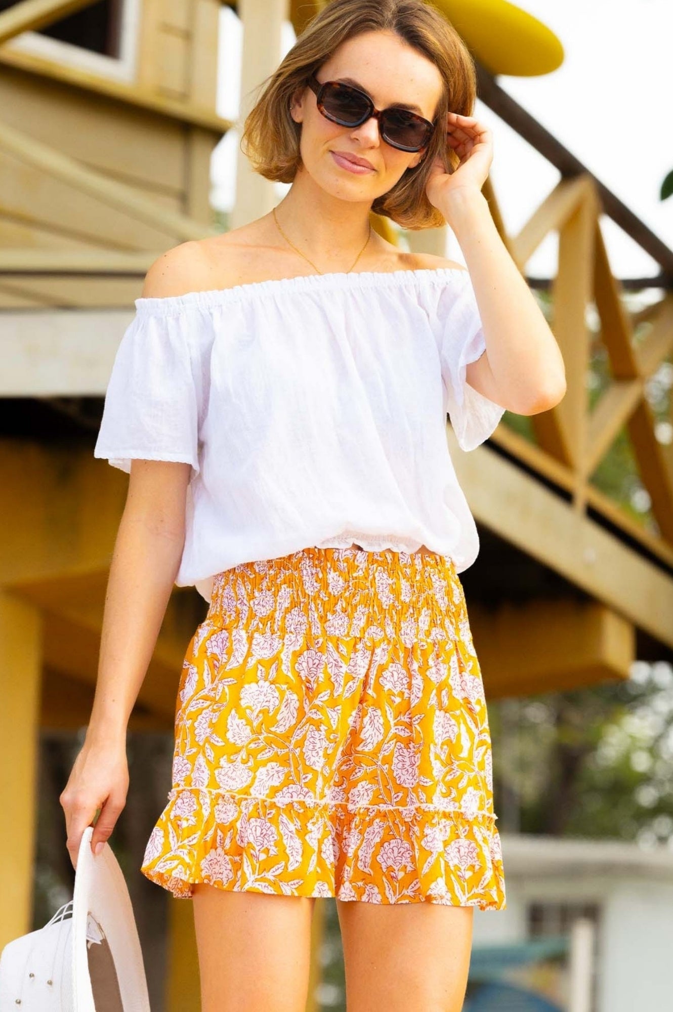 Emani Organic Cotton Skirt for Women - Soft & Breathable Summer Skirt in Dianthus Yellow/White - Perfect for Beach, Vacation & Casual Outings