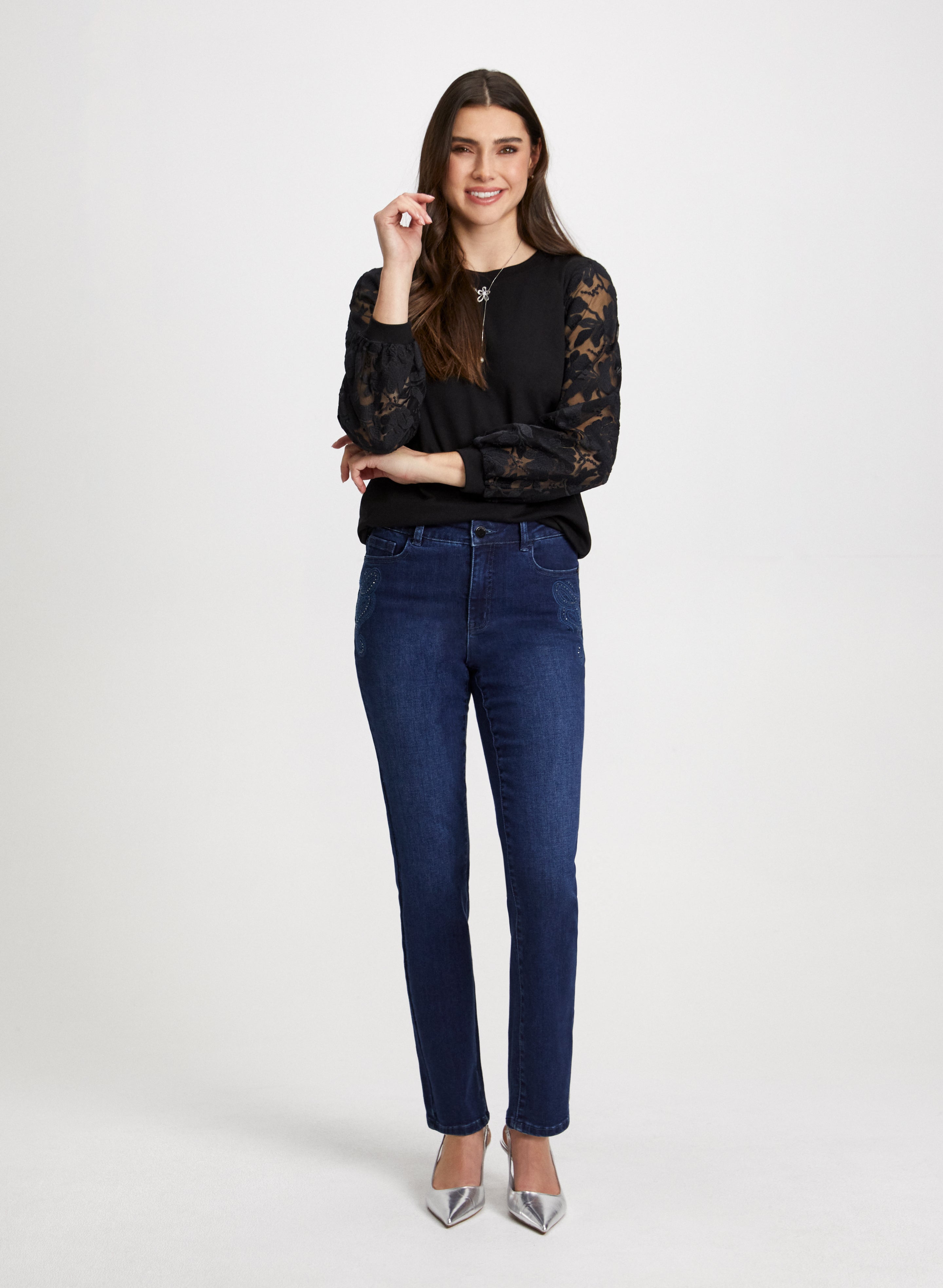Floral Organza Sleeve Blouse & Embroidered Denim Jeans Set - Women's Elegant Spring Outfit for Party, Date Night & Special Occasions