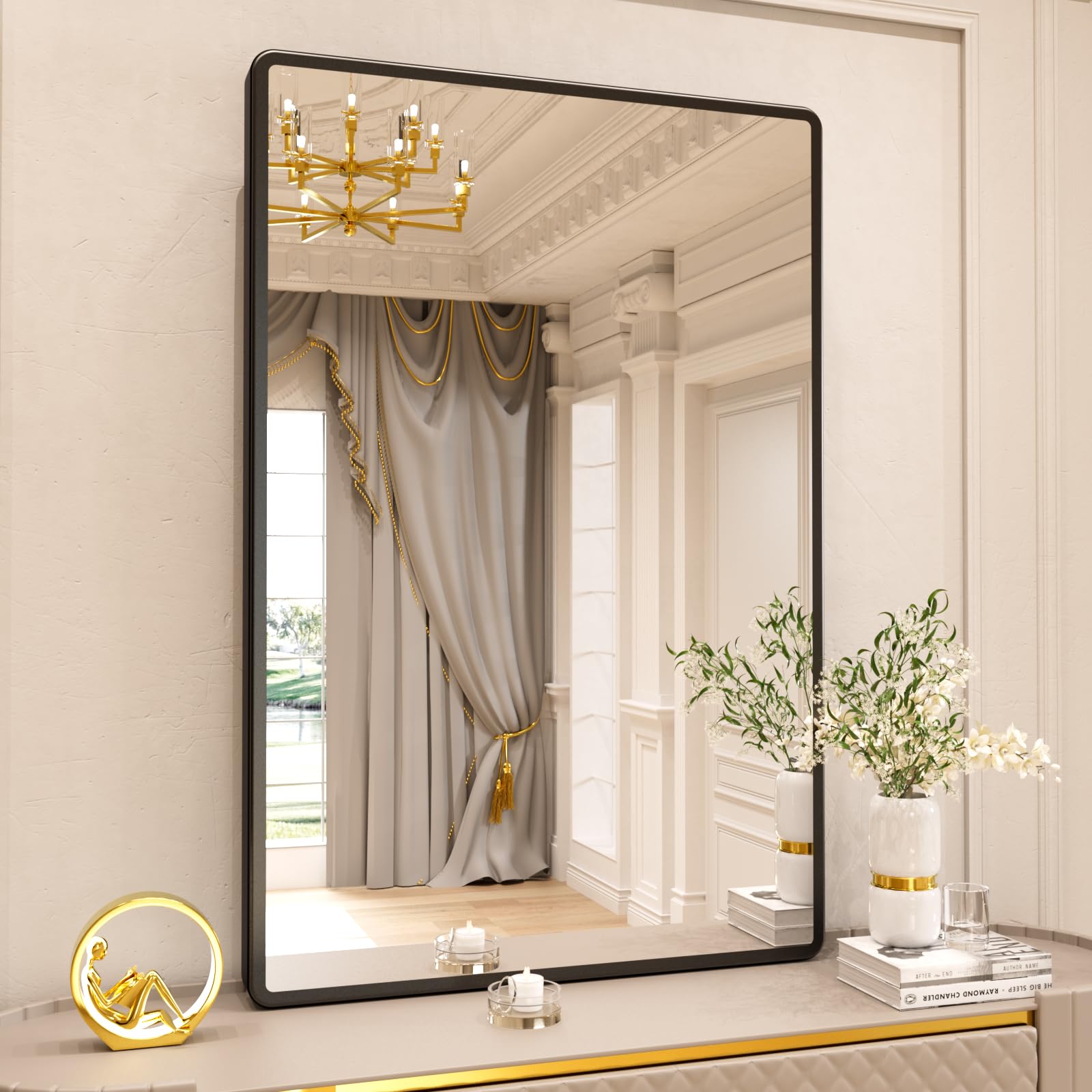 48x32 Inch Black Metal Frame Wall Mounted Bathroom Mirror - Rounded Rectangle Tempered Glass Vanity Mirror for Bathroom, Bedroom & Living Room - Perfect for Modern Home Decor and Makeup Area