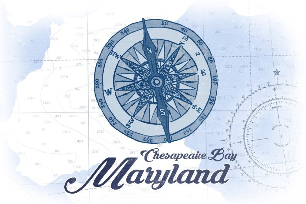 Hand Signed 12x18 Chesapeake Bay Maryland Compass Wall Art Print - Coastal Decor, Nautical Theme Poster for Home, Office & Beach House Decoration
