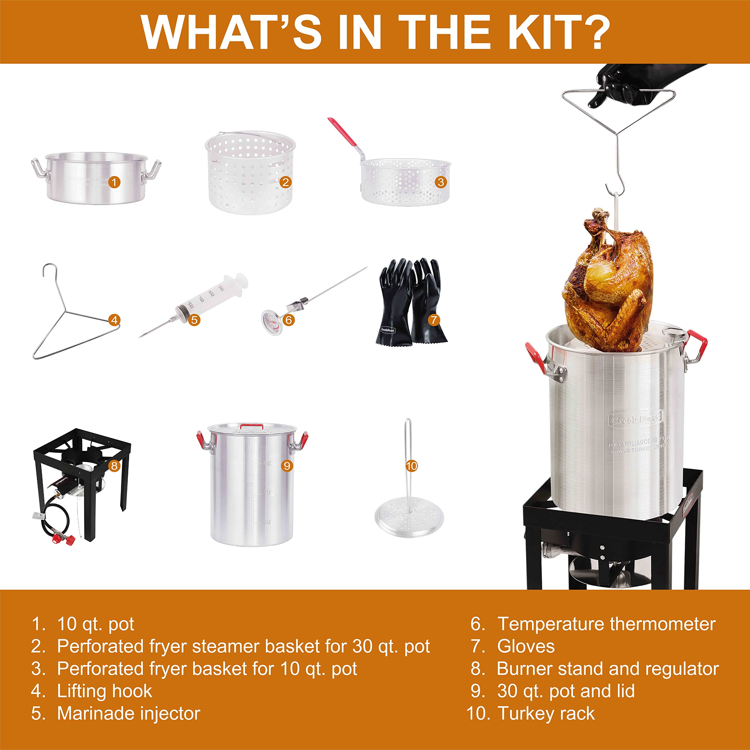 TF30TG Turkey Fryer Set - 50,000 BTU Propane Burner with 30 Qt & 10 Qt Aluminum Pots, Fish Boiler Steamer Kit & Heat-Resistant Gloves - Perfect for Thanksgiving, Outdoor Cooking, Backyard BBQs, and Camping Trips