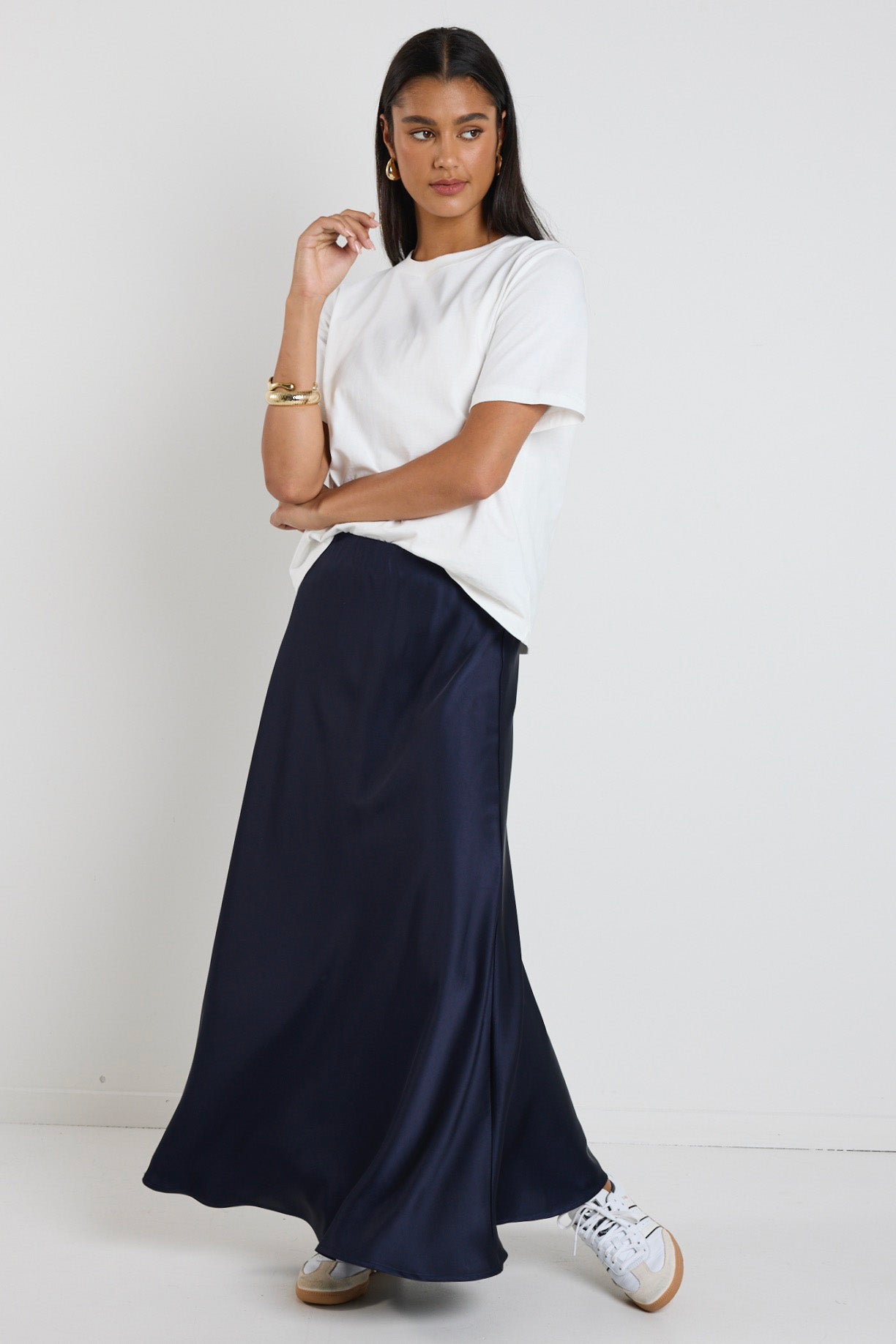 Navy Blue Satin Maxi Skirt with Slit - Flowy High Waist Beach Skirt for Women | Perfect for Summer Vacations, Beach Parties & Boho Outfits