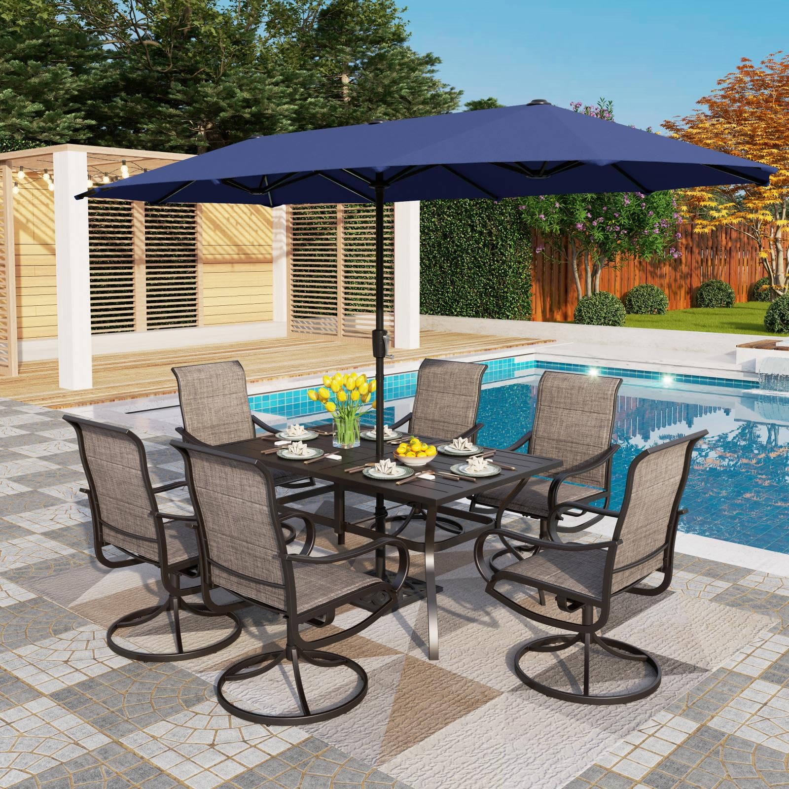 PHI VILLA 6-Piece Outdoor Dining Set with Swivel Chairs - Navy Blue 13ft Patio Umbrella, Textilene Padded Armrest Chairs & Large Metal Table - Perfect for Garden, Backyard, Poolside & Outdoor Entertaining